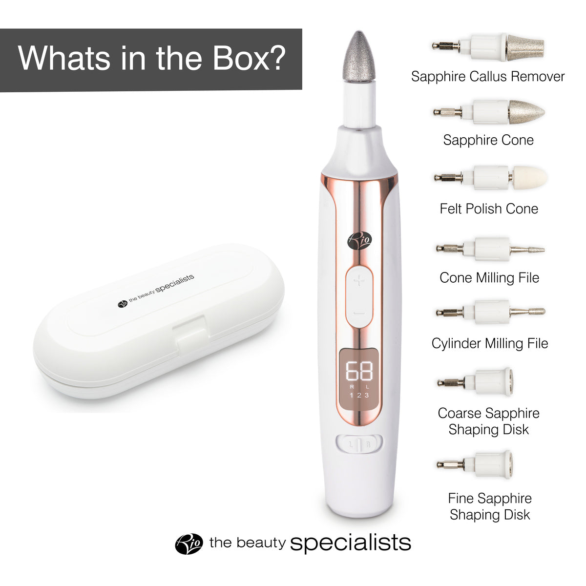 Whats in the Box? The Rio Precision Pro Electric Nail File, white and rose gold device, interchangeable heads (callus remover, cones, files, disks), white storage case, and labels for each attachment.