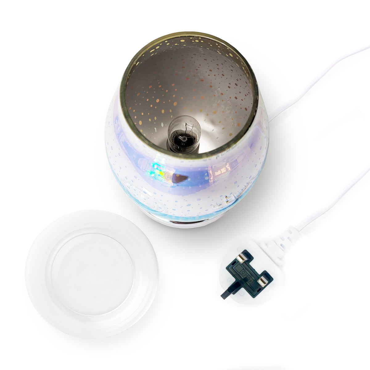 The Rio Alura Wax Melt Burner & Aroma Diffuser Lamp features a glass starry design and an exposed bulb with the lid removed. Shown with a white UK power cord, it offers stylish fragrance diffusion for your home.