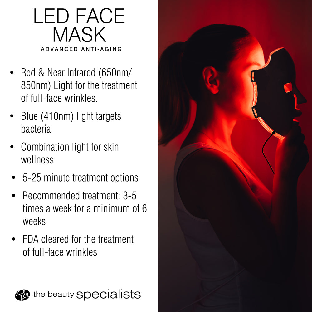 A person holds the Rio LED Face Mask by their face, highlighting the benefits of light therapy: red/infrared and blue light help address wrinkles, bacteria, anti-ageing, and overall skin wellness. Recommended treatments are 5–25 minutes, 3–5 times weekly. FDA cleared. The Rio logo appears at the bottom.