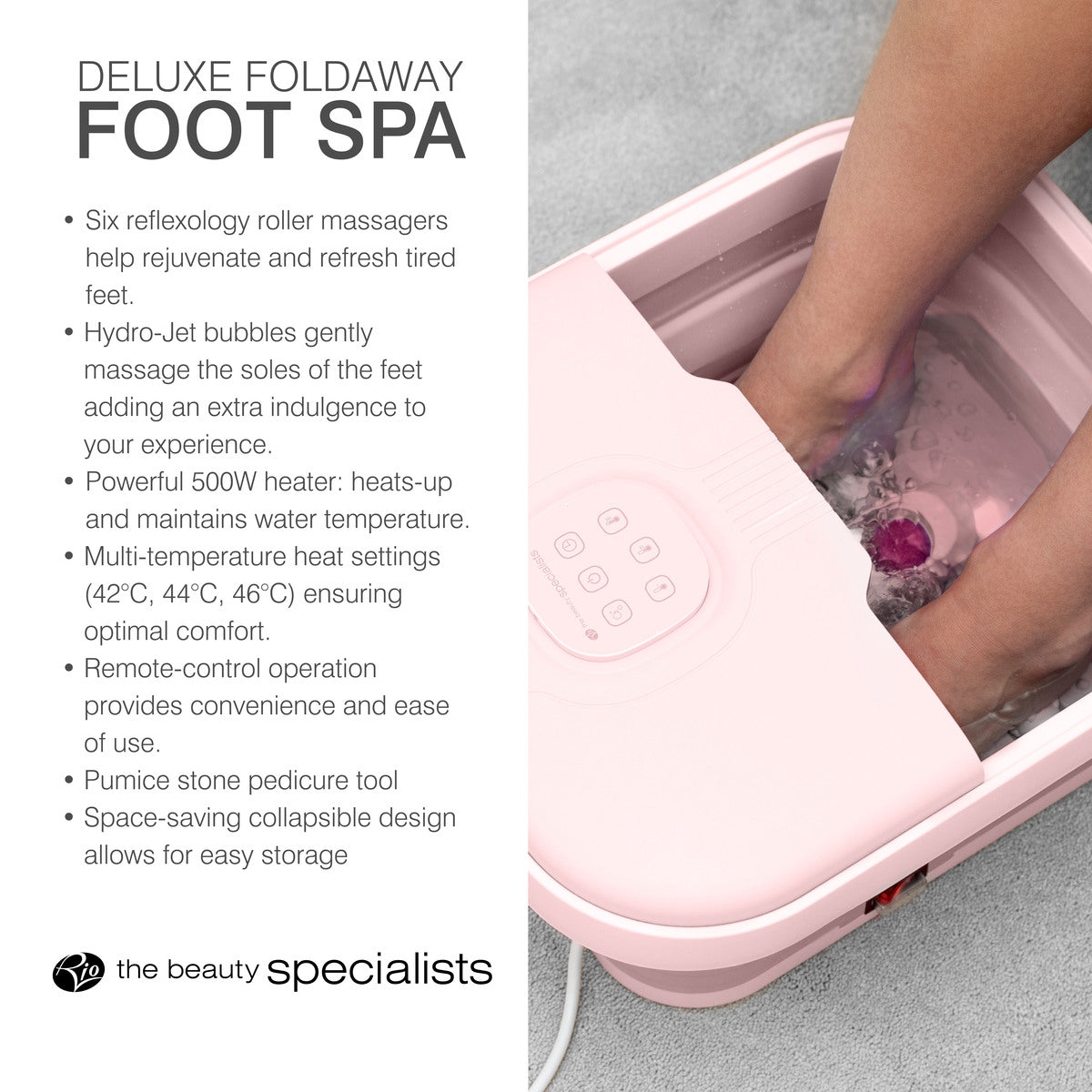 A person relaxes with the Rio Deluxe Foldaway Foot Spa Bath in pink, featuring massage rollers, hydro-jet bubbles, adjustable heat, and a collapsible design for a luxurious at-home spa experience.