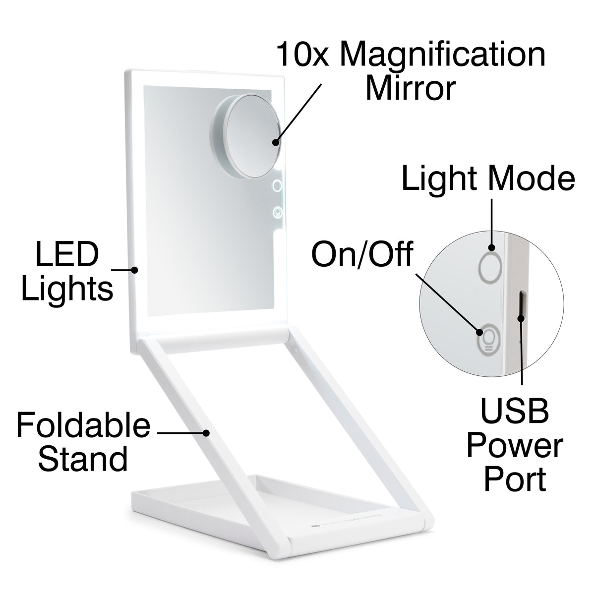 The Rio Home & Away Dressing Table Make Up Mirror features 10x magnification, LED lights, angle and height adjustable foldable stand, light mode button, on/off switch, USB power port—each clearly labeled for the perfect view.