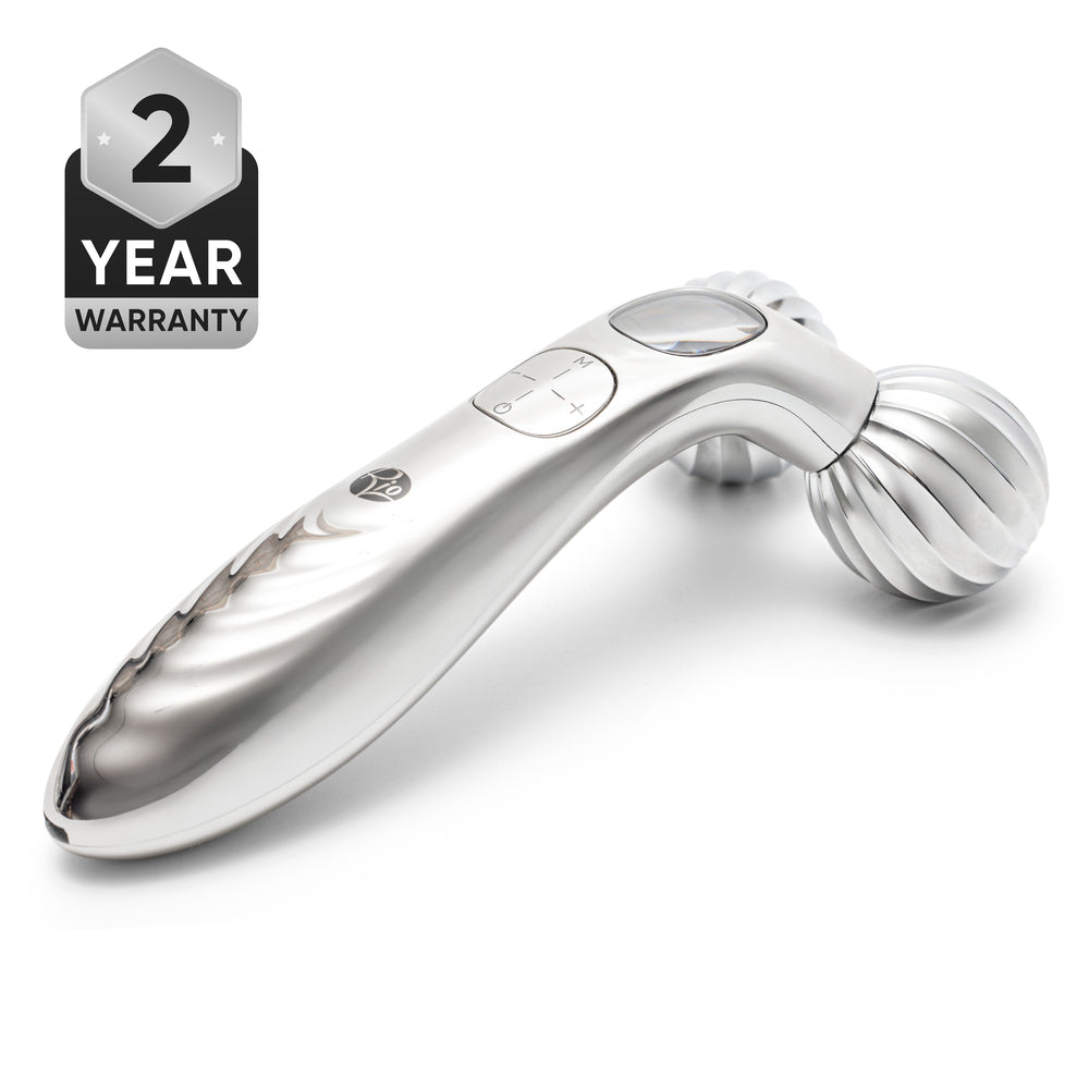 The Rio Face & Body Massage Roller, shown on a white background, features two textured silver rotating balls and control buttons. Ideal for skin firming, it comes with a “2 YEAR WARRANTY” badge.