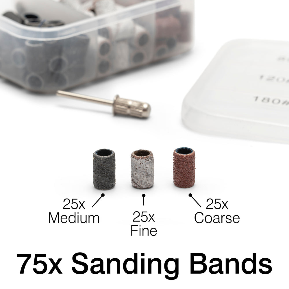 A close-up of 75x Rio Salon Pro Electric Nail File & Drill sanding bands (25x Medium, 25x Fine, 25x Coarse), metal mandrel, and storage box—ideal for DIY manicure enthusiasts seeking salon-quality results.