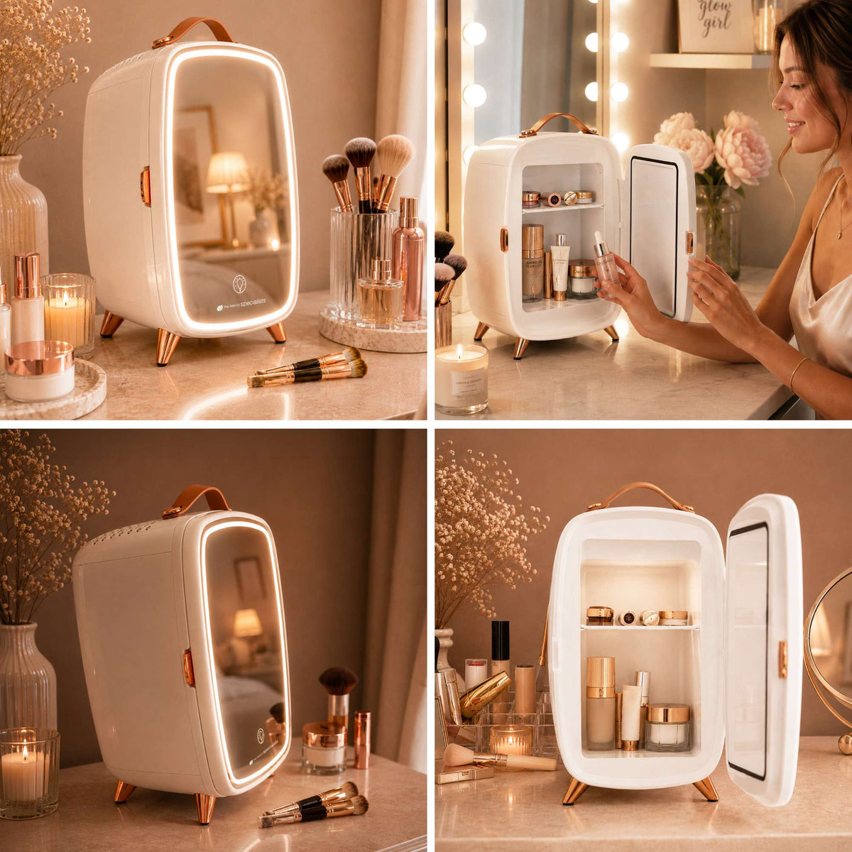 Four images display the Rio Beauty Skincare Fridge With Mirror—a chic mini fridge featuring a mirrored door and LED lighting, placed on a vanity among cosmetics and beauty brushes. A woman opens the fridge to reveal the neatly organized creams and skincare products stored inside, kept cool for optimal freshness.