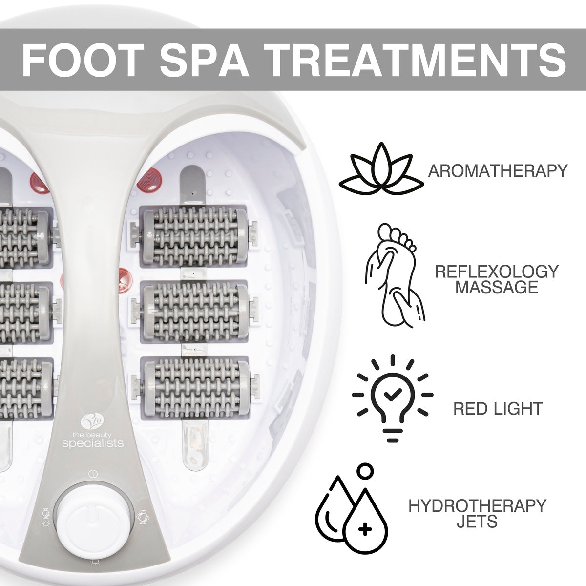 Top view of the Rio Deluxe Foot Spa Bath and Massager with textured rollers. Icons on the right highlight aromatherapy, reflexology massage, red light, and hydrotherapy jets. A gray banner at the top reads Foot Spa Treatments.
