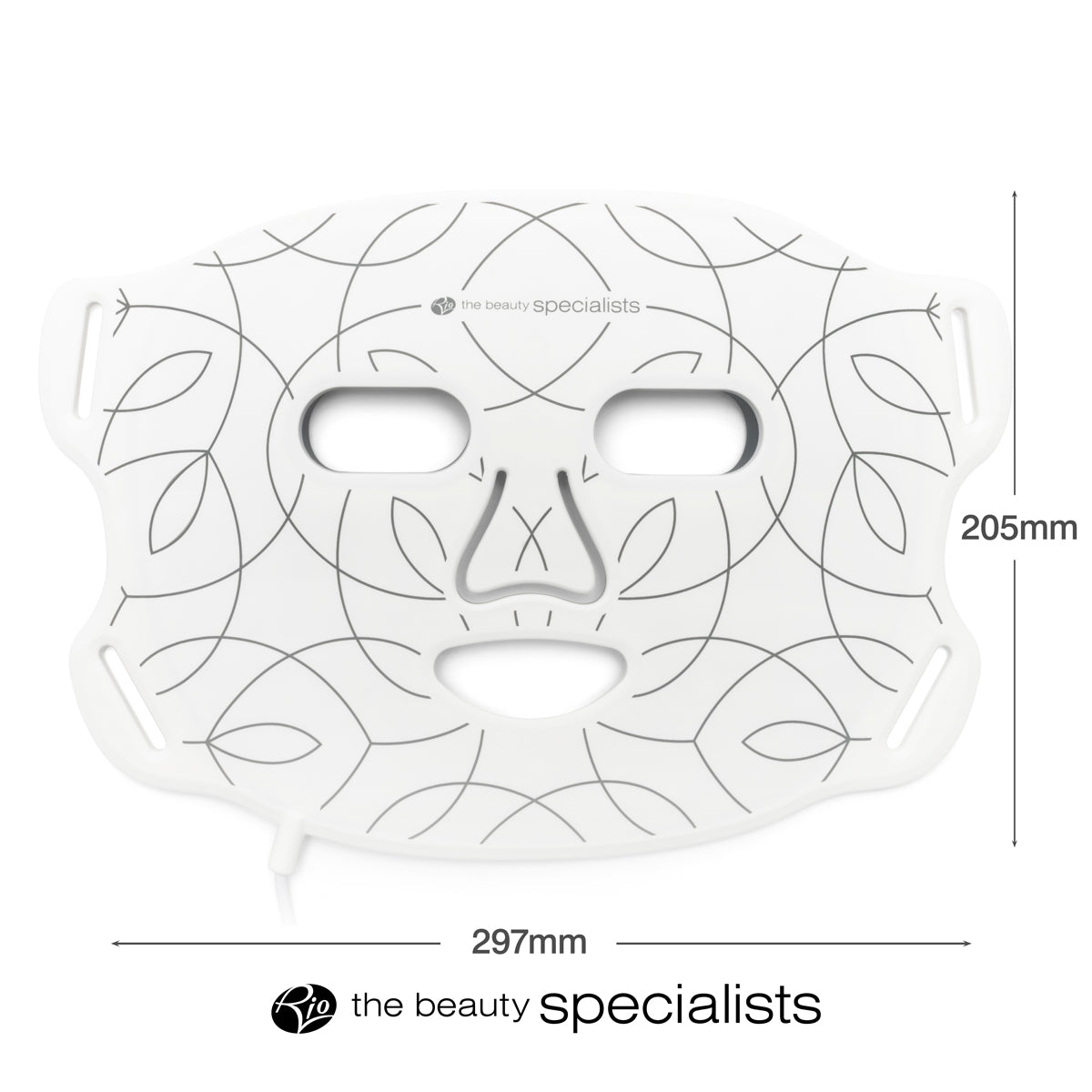 The Rio LED Face Mask by Rio features white light therapy, eye/nose/mouth cutouts, and thin gray lines. Size: 205mm x 297mm. Beauty Specialists logo below. Perfect for anti-ageing skincare routines.