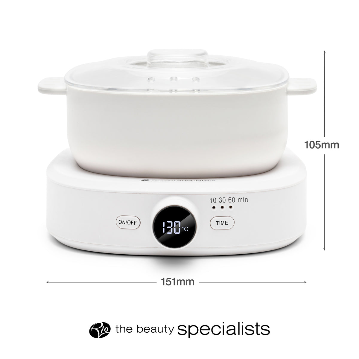 The Rio Go Smooth Hair Removal Wax Heater is a white electric unit with a glass lid, digital base showing 130°C, On/Off and Time buttons. Ideal for pro hair removal or wax melts. Size: 151mm x 105mm. Logo: the beauty specialists.