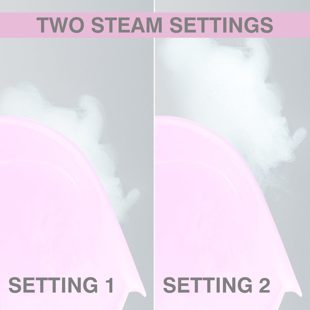 A split image of the Rio Facial Sauna Skincare with Steam Inhaler - pink displays TWO STEAM SETTINGS: SETTING 1 on the left releases less steam, while SETTING 2 on the right emits more.