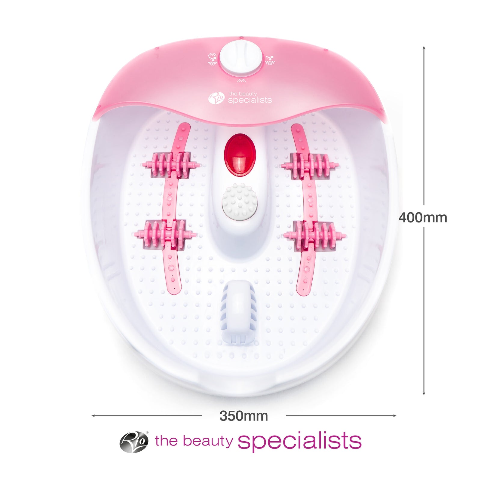 The Rio Soothing Waves Foot Bath Spa & Massager in pink and white features massage rollers, a central massage node, and the Beauty Specialists logo. Top view shows it measures 400mm tall by 350mm wide for relaxing foot care.