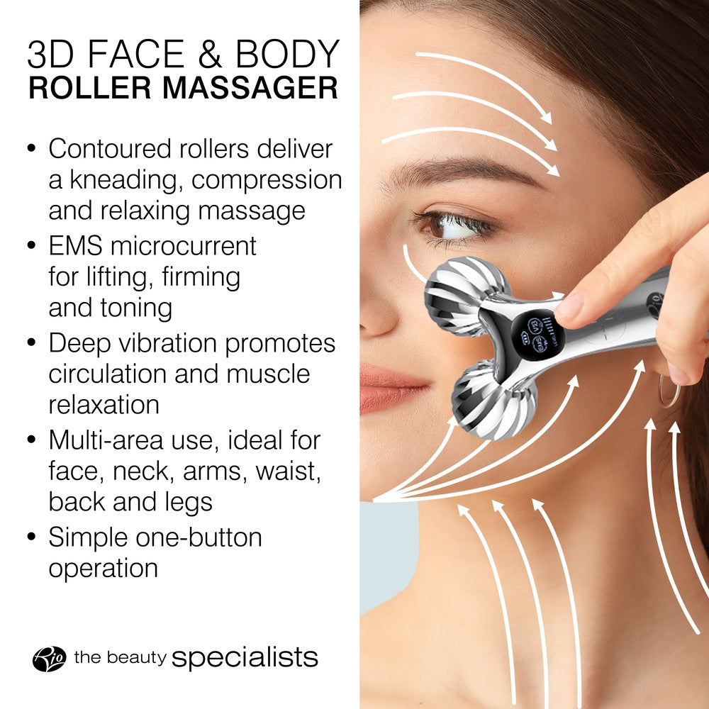 A woman uses the Rio Face & Body Massage Roller on her face. Text highlights contoured rollers, EMS microcurrent, deep vibration, skin firming, multi-area use, and easy one-button control. Arrows show massage directions.