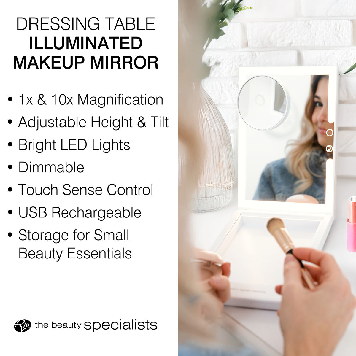 A woman uses the Rio Home & Away Dressing Table Make Up Mirror, featuring magnification, LED lights, dimmable touch controls, USB rechargeable design, angle adjustment, and storage for beauty essentials.