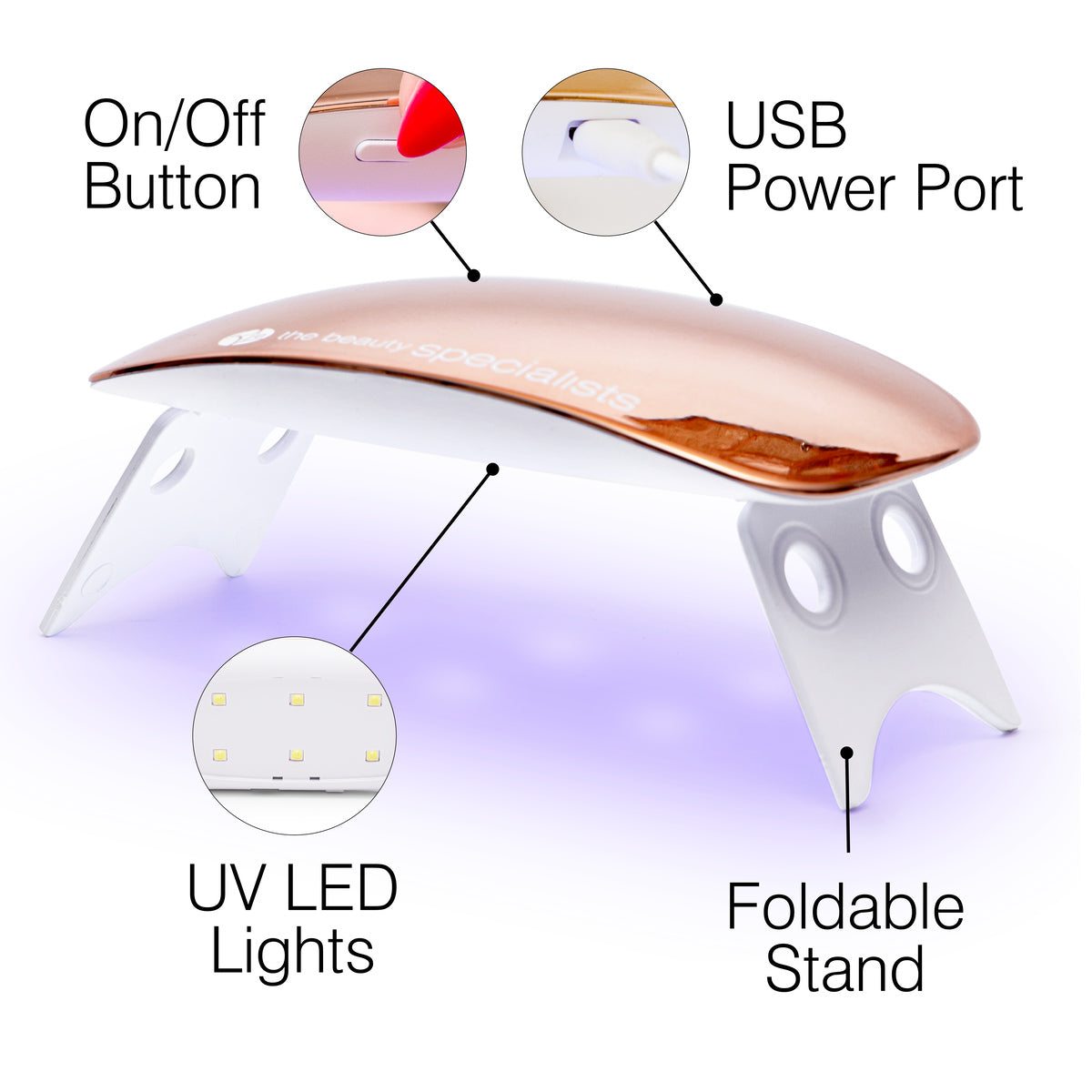 The Rio 14 Day Gel Polish Nails rose gold nail lamp features an On/Off button on top, USB port on the side, UV LED lights underneath, and foldable white legs as a stand—perfect for a professional manicure and long-lasting shine.