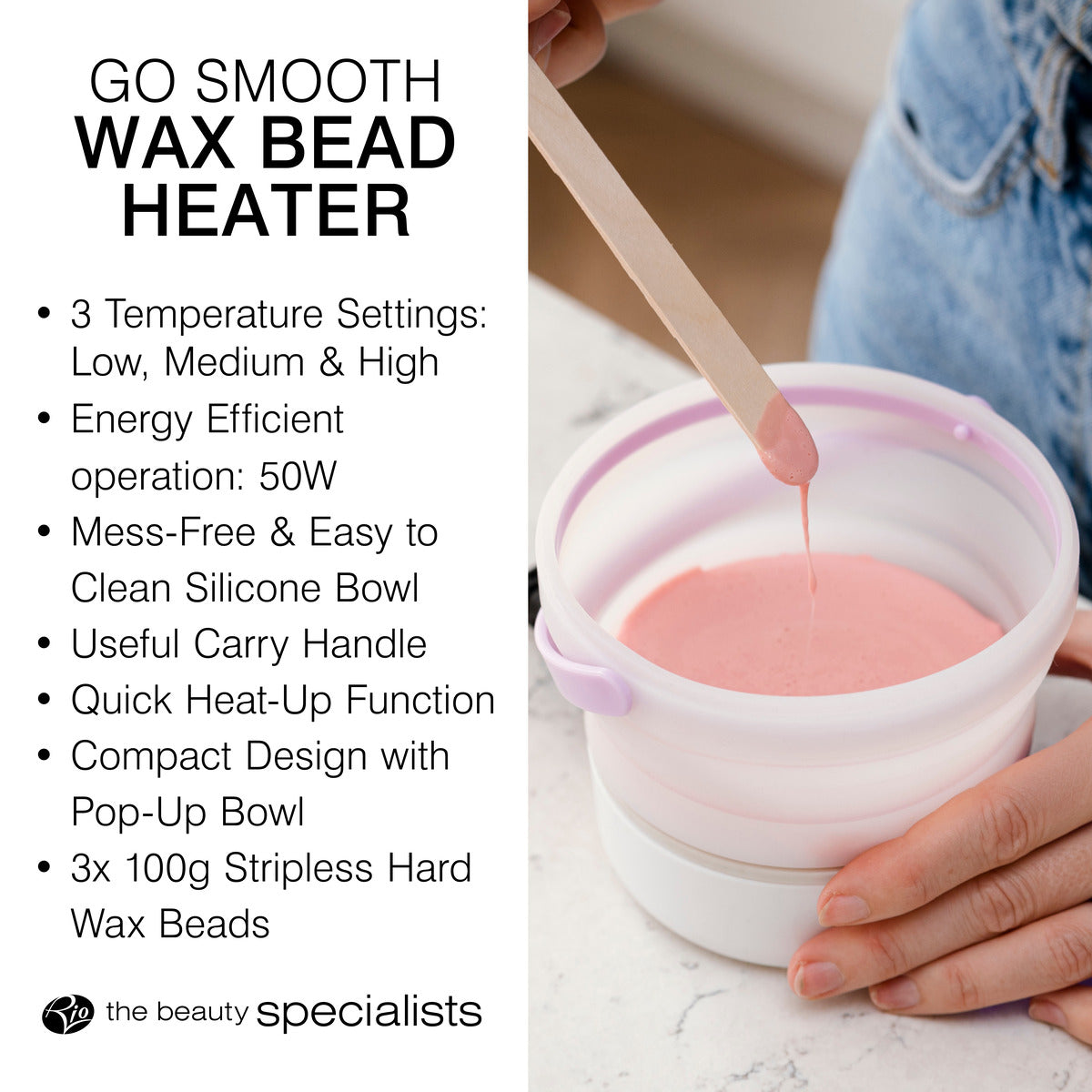 Someone stirs pink wax in a white silicone bowl with a wooden spatula. Text highlights the Rio GO SMOOTH HARD WAX HEATER, featuring fast heat-up and adjustable temperature for full-body hair removal.