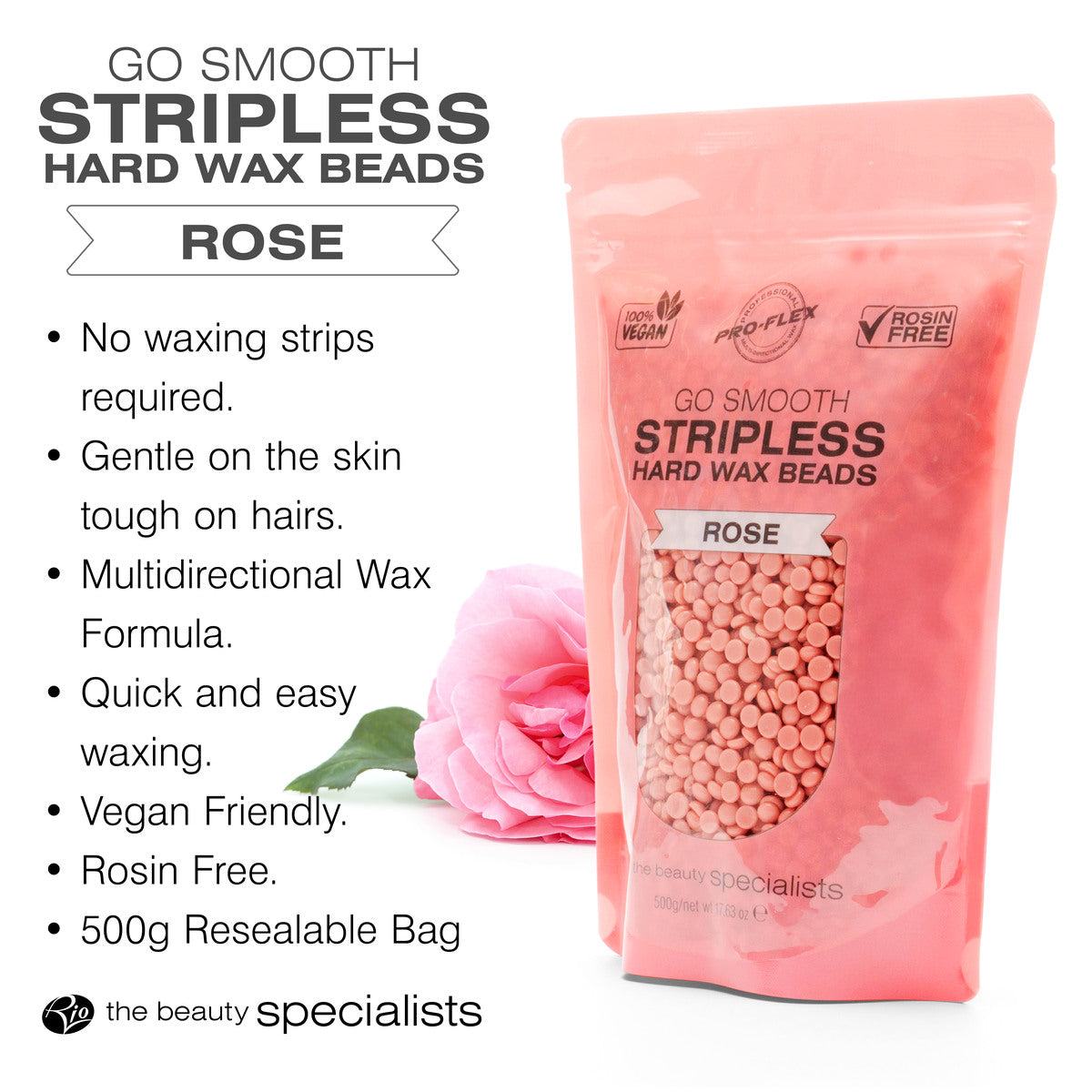 A resealable pink bag of Rio Rose Go Smooth Stripless Hard Wax Beads (100g) stands upright with visible pink beads beside a pink flower. Achieve smooth skin—key benefits appear on the images left side.