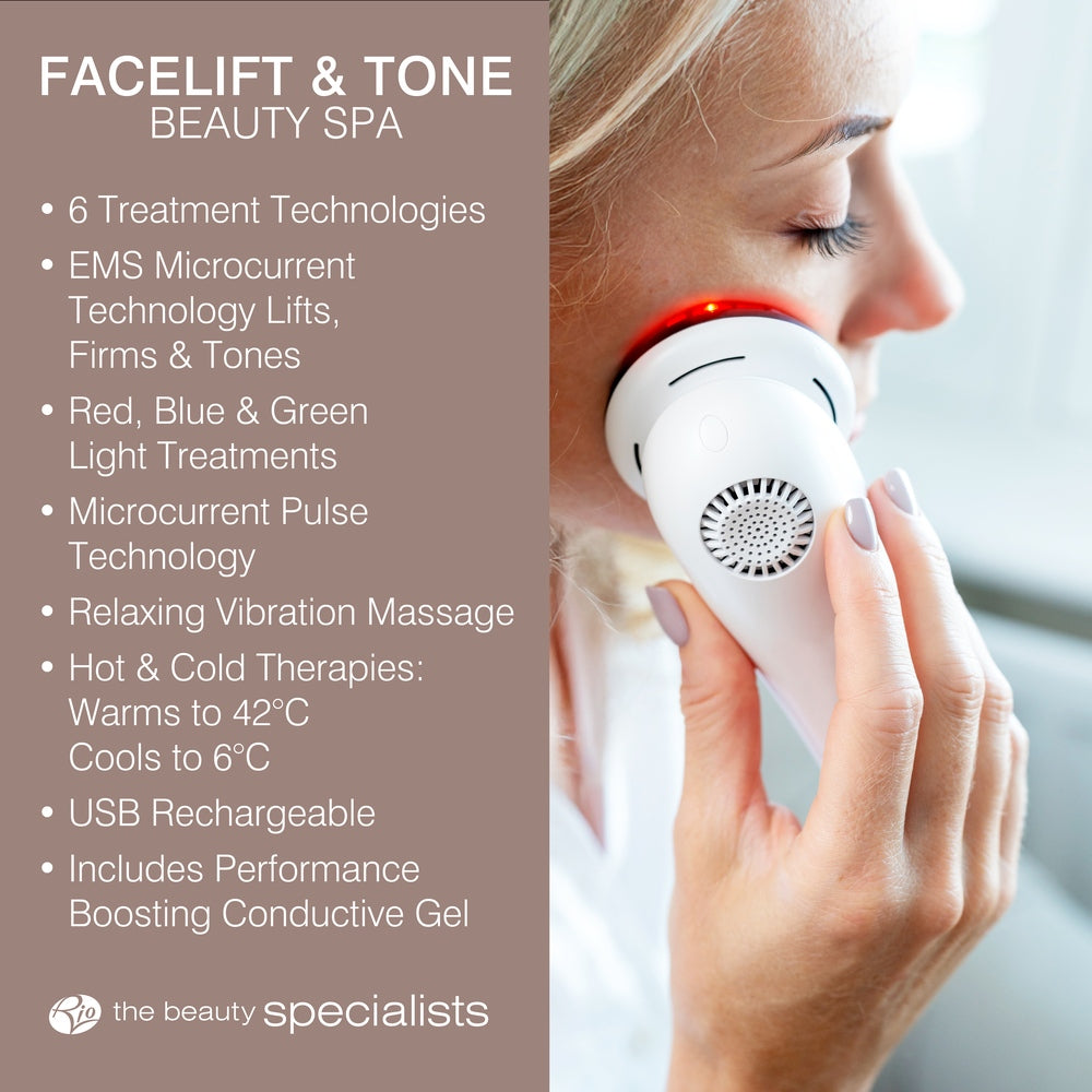 A woman uses the Rio FaceLift & Tone Beauty Spa, a white handheld device with EMS microcurrent, light therapies, hot/cold treatments, and vibration massage for firmer-looking skin.