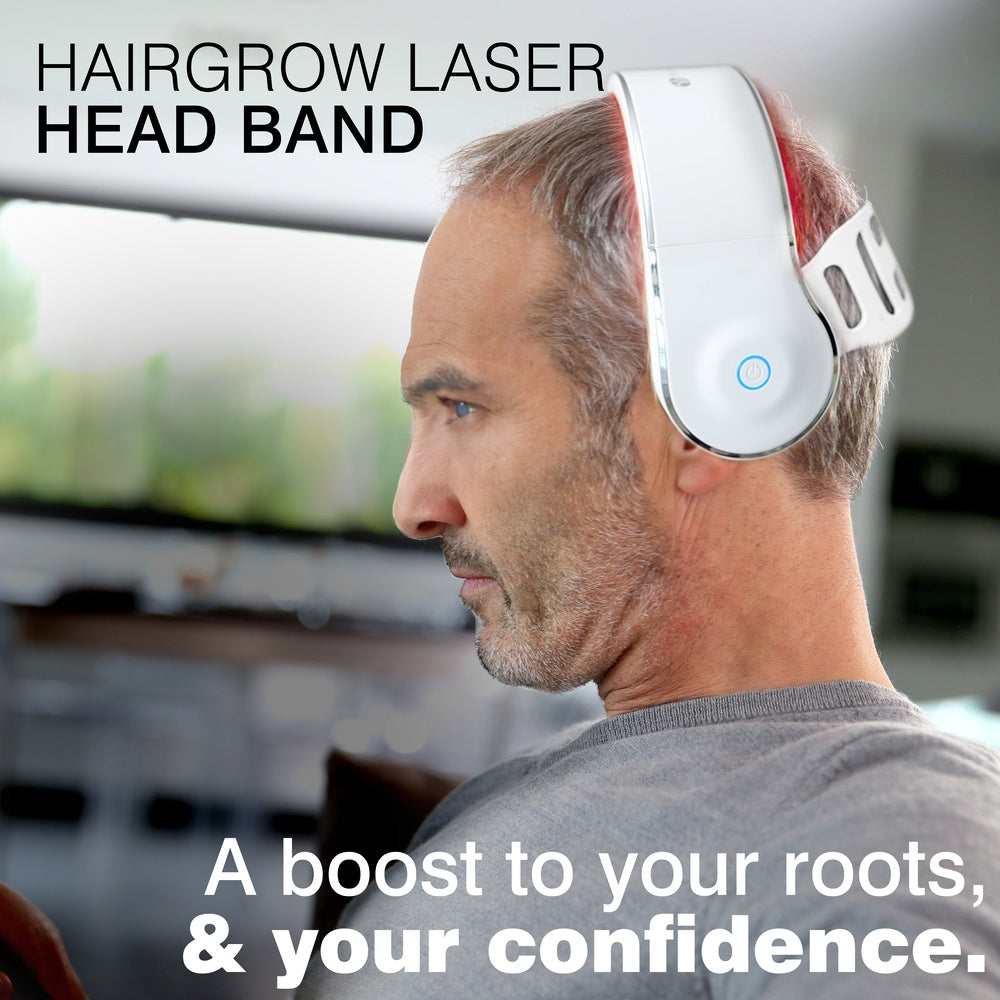 A middle-aged man wears a white band emitting red light on his scalp. Text: Rio HairGrow Laser Head Band. Achieve effective hair regrowth and boost your confidence with this red light therapy device from Rio.