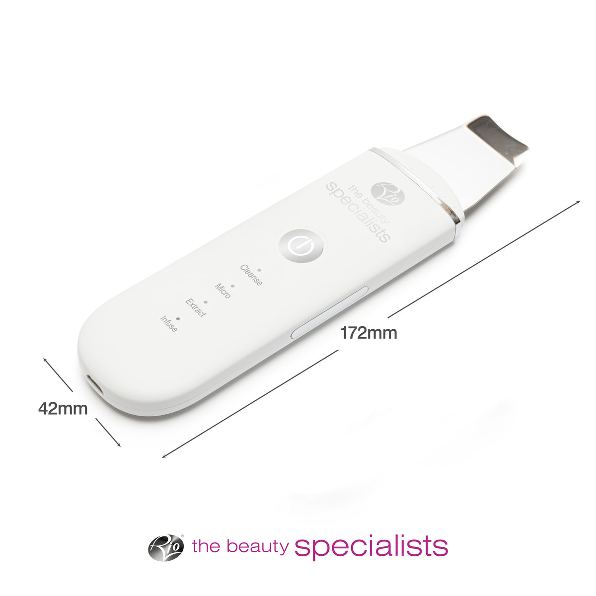 A white handheld Ultrasonic Skin Cleanser by Rio, featuring a metal spatula tip for exfoliation, is shown with dimensions 172mm (length) x 42mm (width). The Rio logo and name appear below the image.