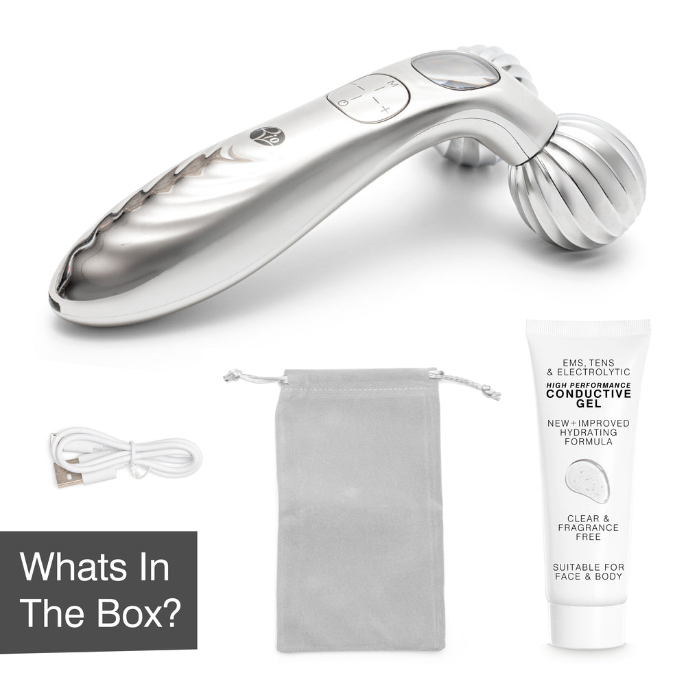 The Rio Face & Body Massage Roller, a pouch, USB charging cable, and EMS conductive gel are displayed on a white background with "What's In The Box?" in the lower left—ideal for skin firming routines.
