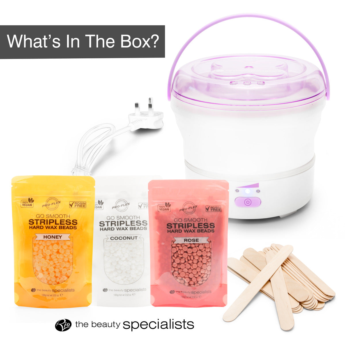 The Rio GO SMOOTH HARD WAX HEATER kit includes a white wax warmer with purple lid, 3 hard wax beads packs (honey, coconut, rose), UK plug, and wooden spatulas. Text: Whats In The Box? and the beauty specialists.