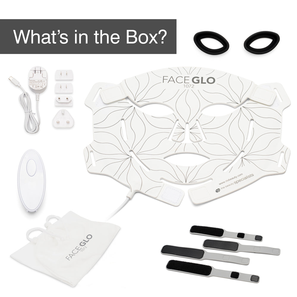 The Rio FaceGLO device is shown with a power adapter and multiple plugs, two silicone rings, a remote control, storage pouch, and four adjustable Velcro straps. Text reads: What's in the Box? Featuring three treatment wavelengths.