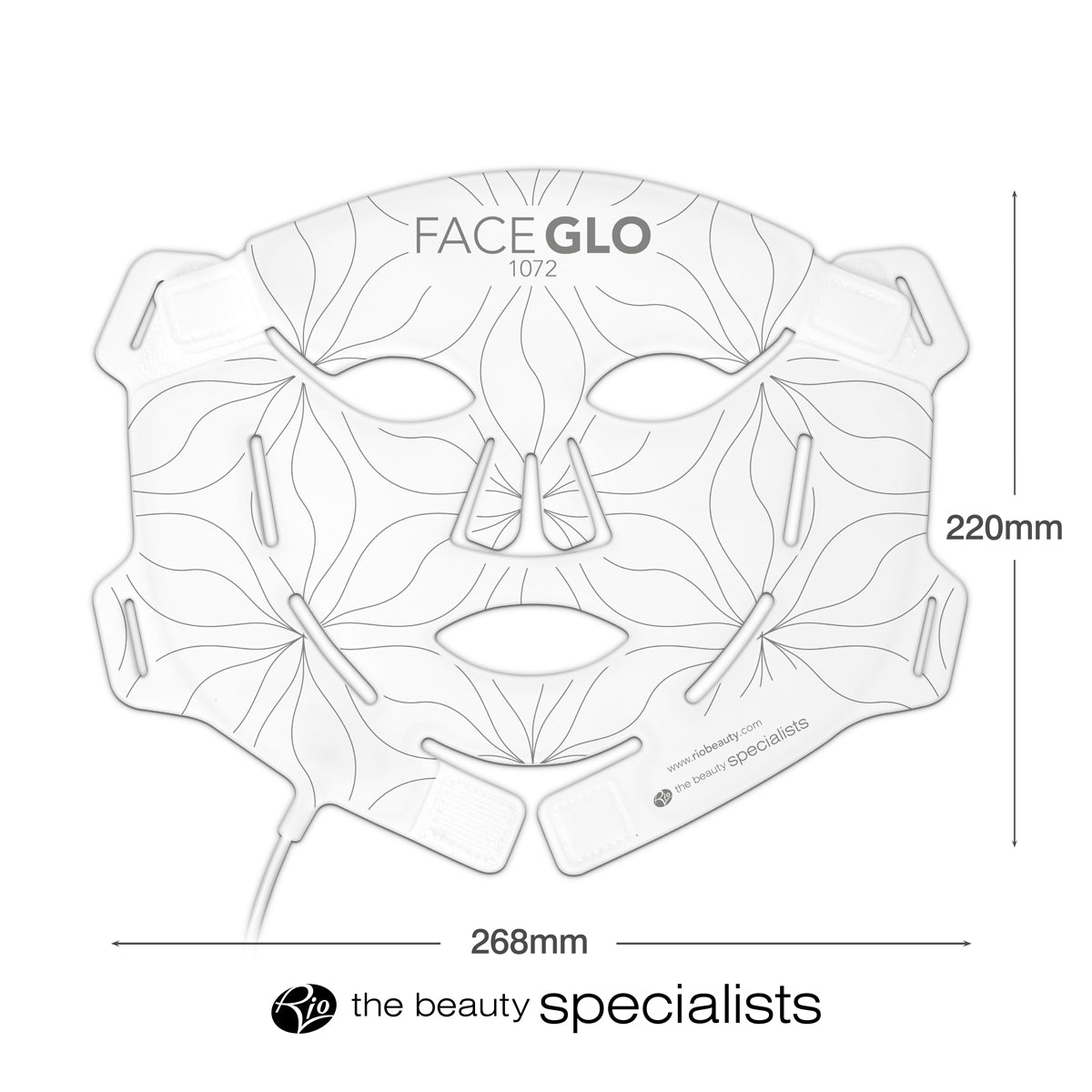 The Rio FaceGLO mask, measuring 268mm x 220mm, features leaf designs and has openings for eyes, nose, and mouth. Labeled FACE GLO 1072, it uses clinically effective wavelengths for glowing skin.