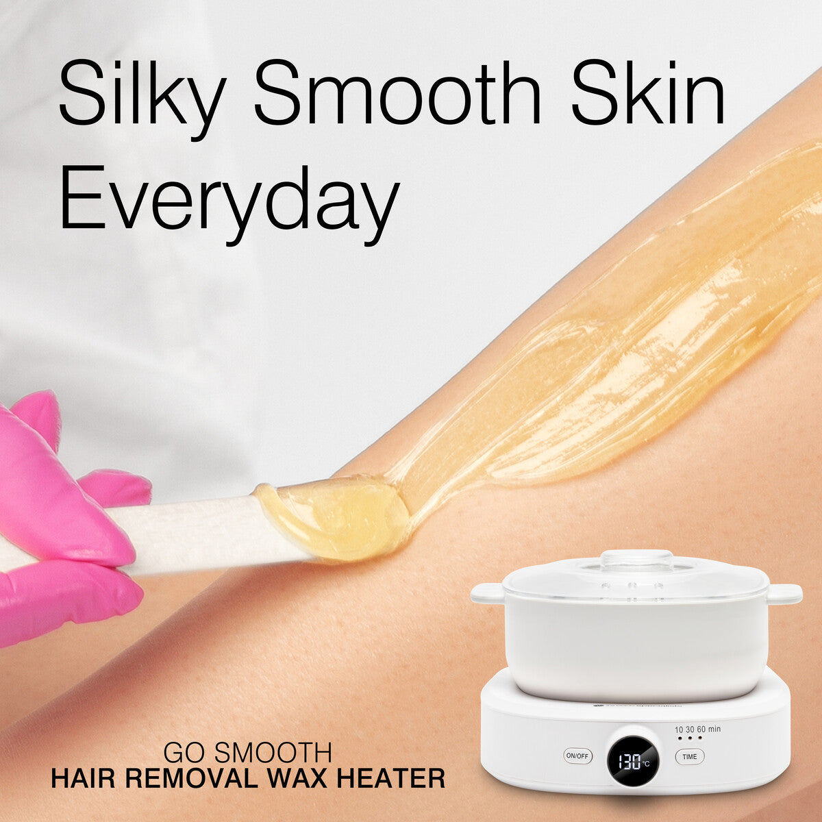 A person in pink gloves uses a wooden spatula to apply wax on their leg. Text reads, Silky Smooth Skin Everyday. Below is a white Rio Go Smooth Hair Removal Wax Heater for professional hair removal at home.