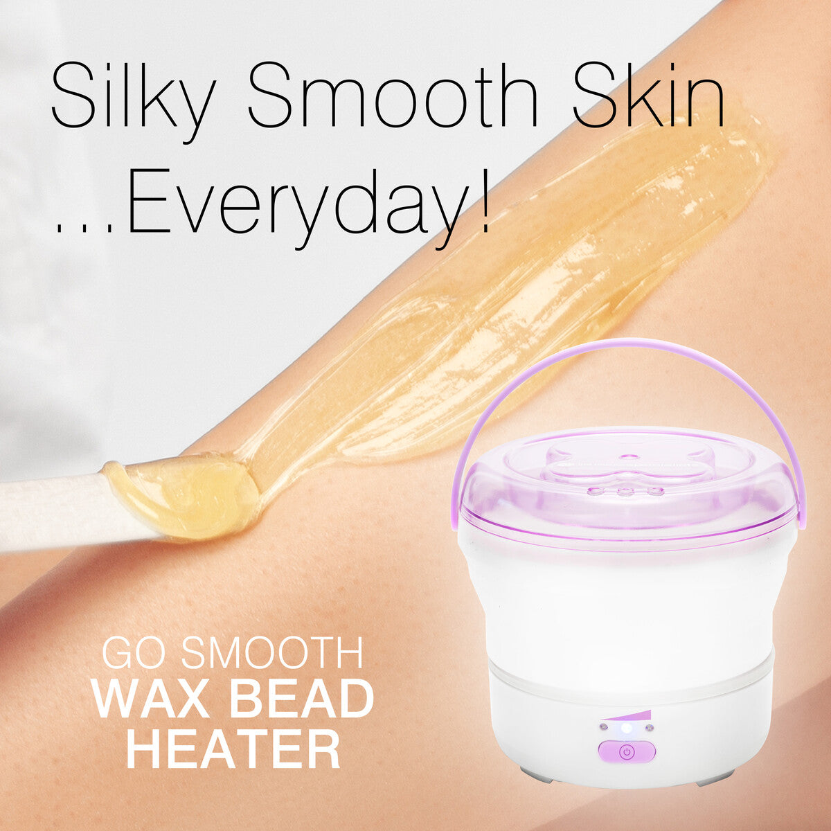 A person uses a spatula to apply wax to their leg for full-body hair removal. Text reads: Silky Smooth Skin...Everyday! GO SMOOTH HARD WAX HEATER by Rio. A white and purple wax heater appears in the foreground.