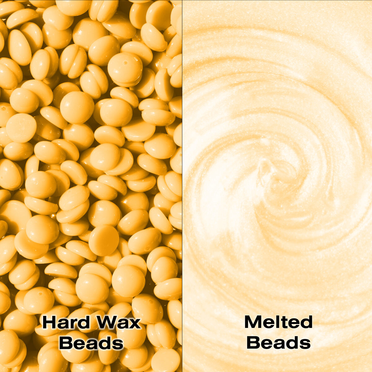 Close-up split image: left shows Rio Honey Go Smooth Stripless Hard Wax Beads (100g); right displays the same wax melted into a creamy swirl. Text labels: Hard Wax Beads and Melted Beads.