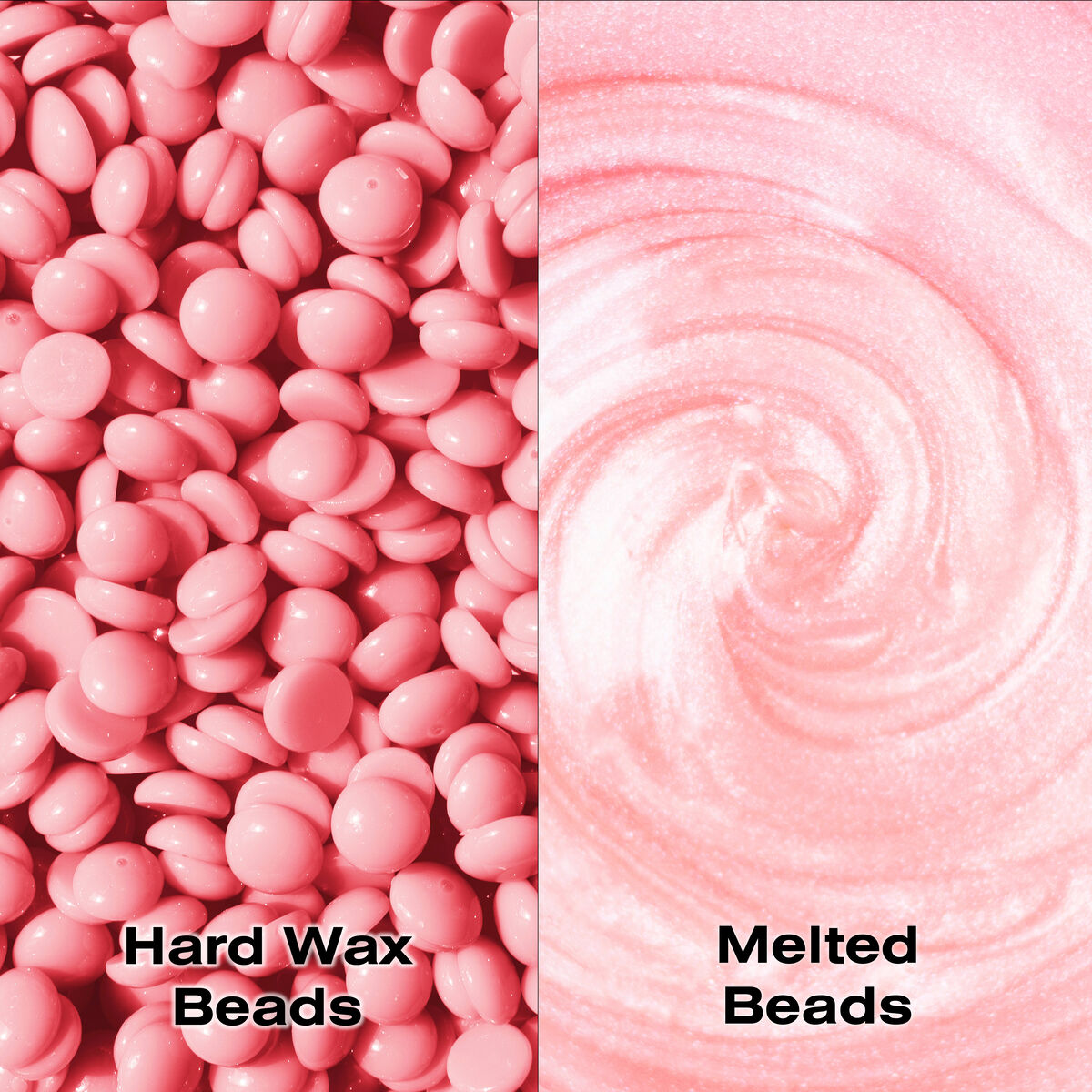 A split image shows Rio Rose Go Smooth Stripless Hard Wax Beads (100g) on the left and their glossy, melted form on the right—ideal for smooth skin. Text labels read Hard Wax Beads and Melted Beads under each section.
