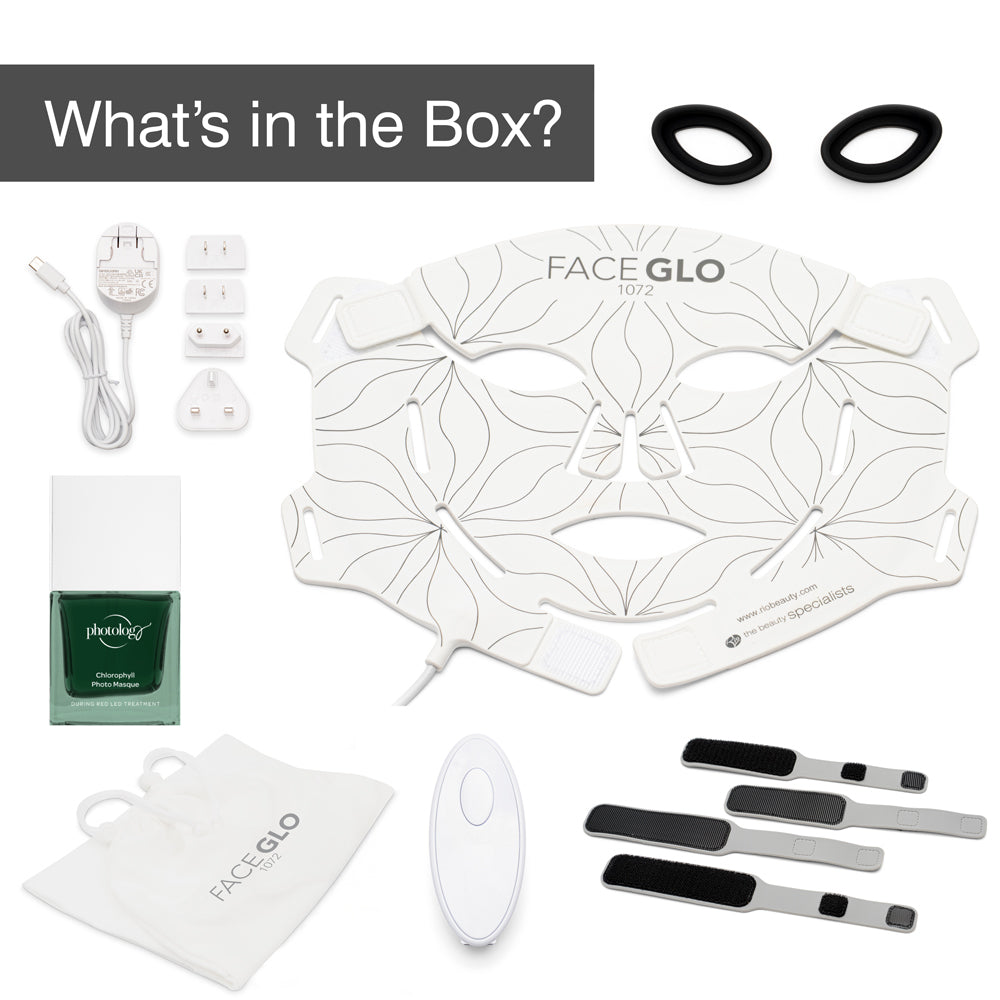 The Rio FaceGLO is a flat, patterned mask device with three treatment wavelengths, shown on a white background with a green serum bottle, power adapter, USB cable, remote, cloth bag, two black straps, and four plug adapters.