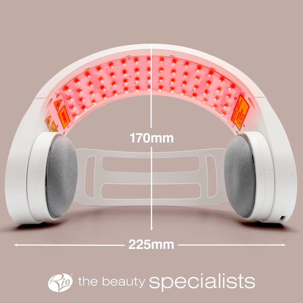 The Rio HairGrow Laser Head Band, a white LED red light therapy device (170mm high × 225mm wide), is shown with “the beauty specialists” at the bottom—perfect for promoting hair regrowth.