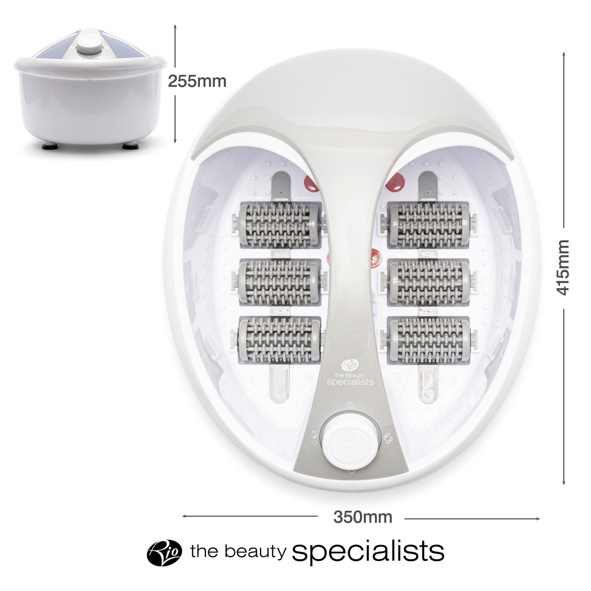 Top-down view of the Rio Deluxe Foot Spa Bath and Massager with four roller massagers, beside a smaller angled image. Dimensions: 255mm high, 415mm long, and 350mm wide. The Beauty Specialists logo appears below.