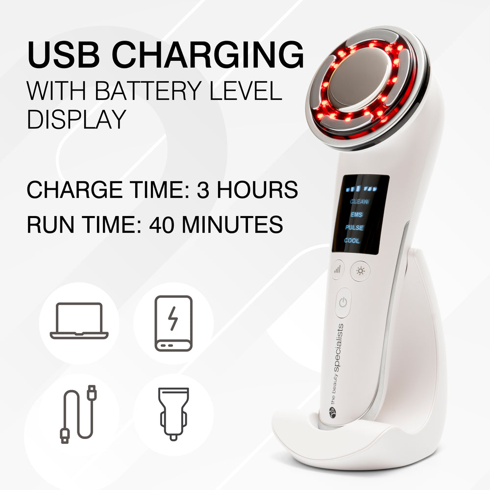 The Rio FaceLift & Tone Beauty Spa is a white handheld anti-aging device with red LED lights on its circular head, shown on a charging stand. Features include USB charging, battery level display, 3-hour charge time, and 40-minute run time.