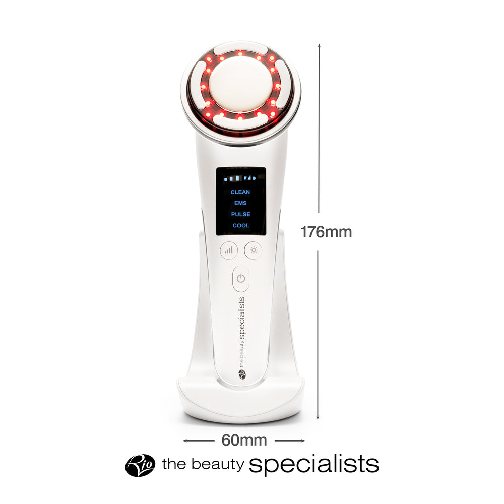 The Rio FaceLift & Tone Beauty Spa is a white handheld anti-aging device with a circular LED head, display screen, and buttons on a stand. It measures 176mm tall by 60mm wide and helps firm skin. The Beauty Specialists logo appears at the base.