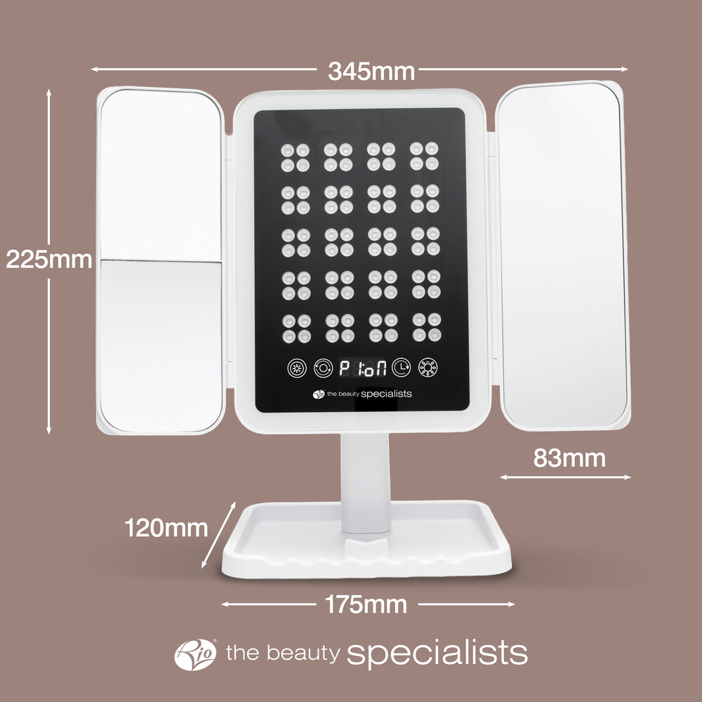 The Rio Radiance Light Therapy Panel is a tri-fold LED mirror with advanced skincare features and labeled dimensions: height 225mm, width 345mm, side panels 120mm and 83mm, and base 175mm. "Rio the beauty specialists" is branded at the bottom.
