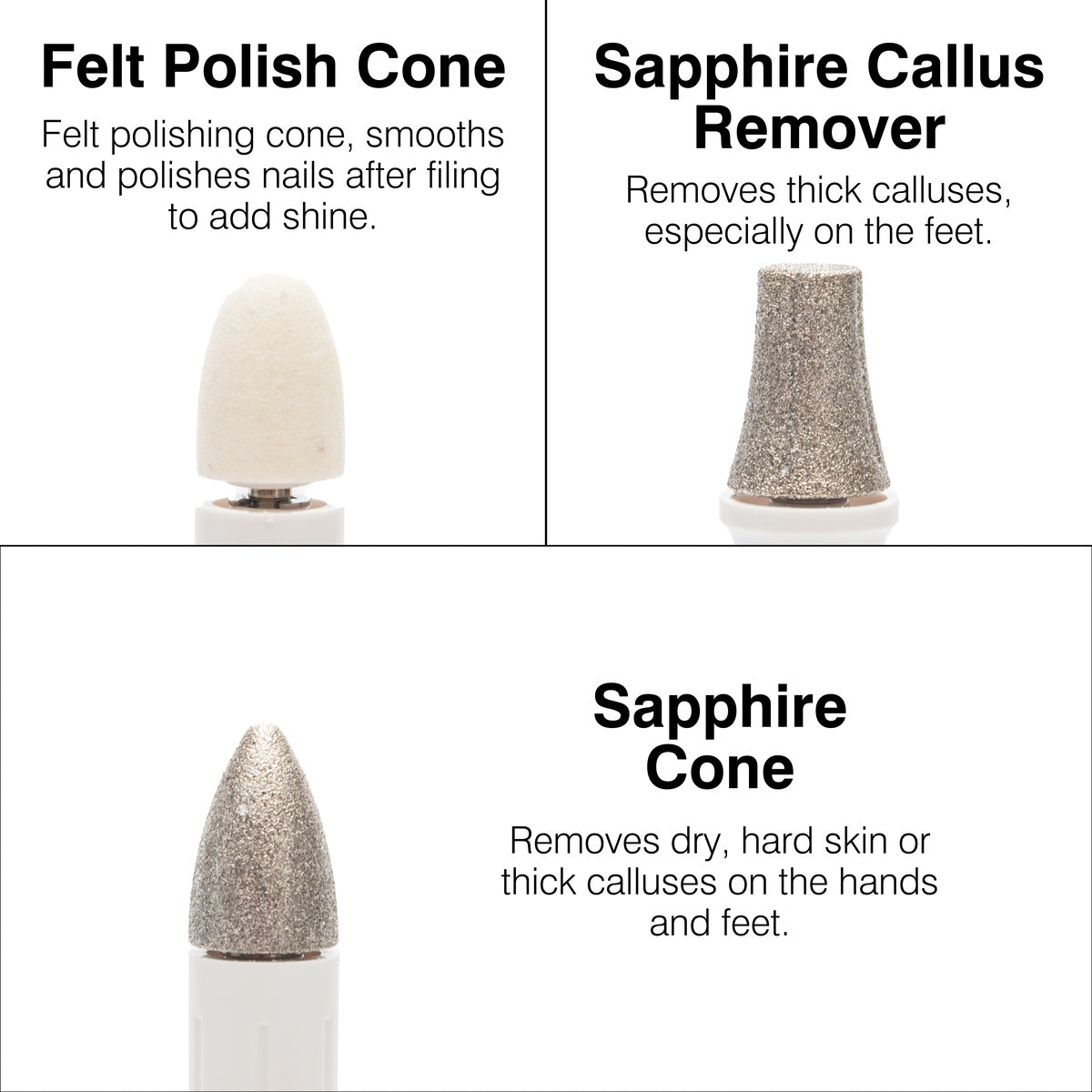 The Rio Precision Pro Electric Nail File includes 3 labeled attachments: a white felt polish cone, a sapphire callus remover, and a pointed sapphire cone for precise care of nails, cuticles, and hard skin on hands and feet.