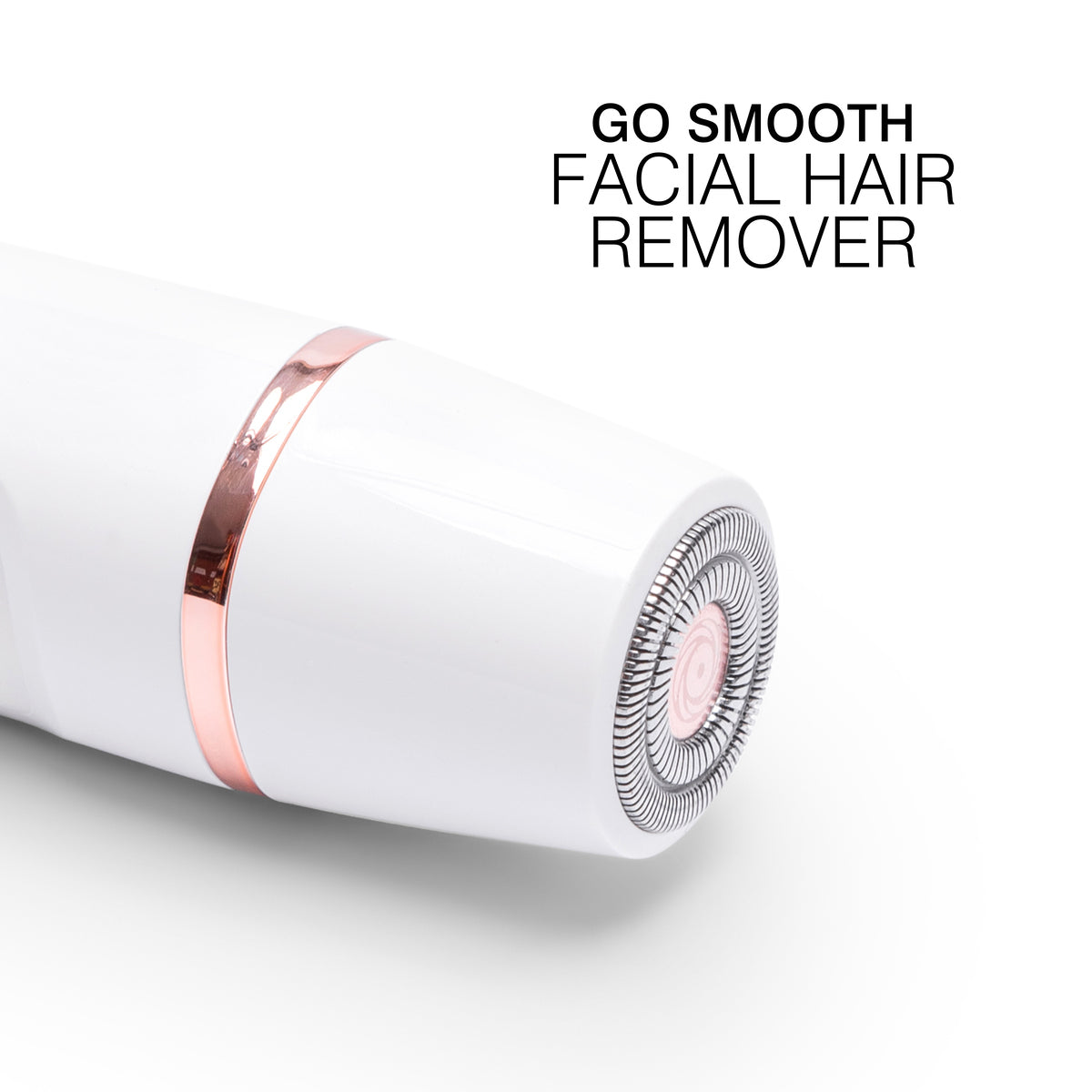 The Lady Shaver Bikini Trimmer with its Go Smooth Facial Hair Remover attachment. The circular precision head is designed for gentle facial hair removal. The lady shaver features a rose-gold band accent, adding a sleek and stylish touch to the design.