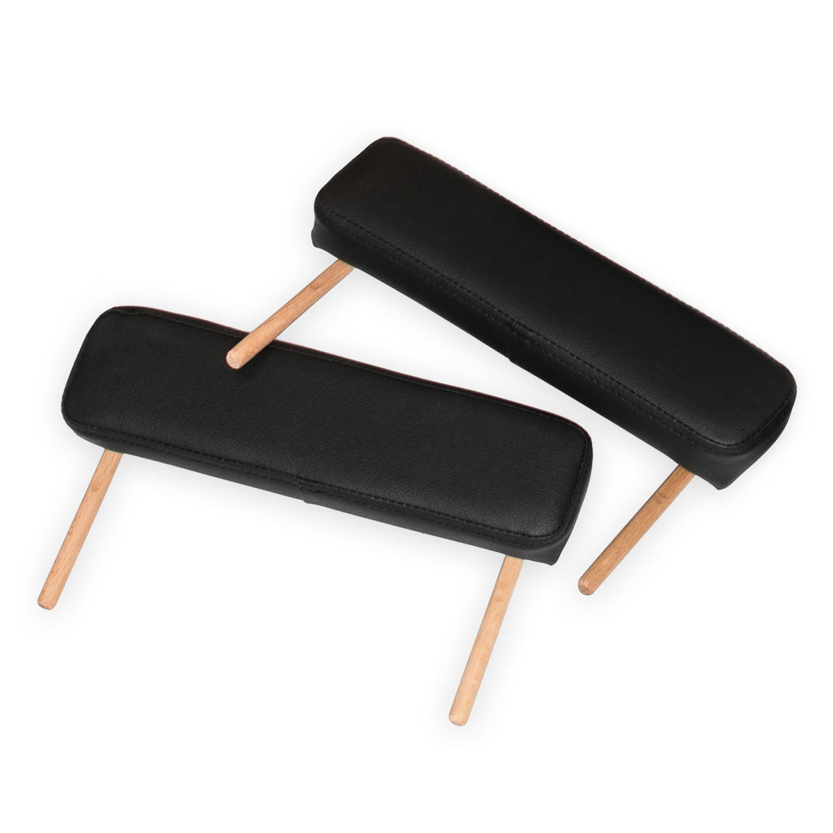 Set of 2 Rio black rectangular padded arm rests with wooden legs, arranged crisscross on a white background—perfect stylish accessories for the Professional Ultra-Light Portable Massage Table.