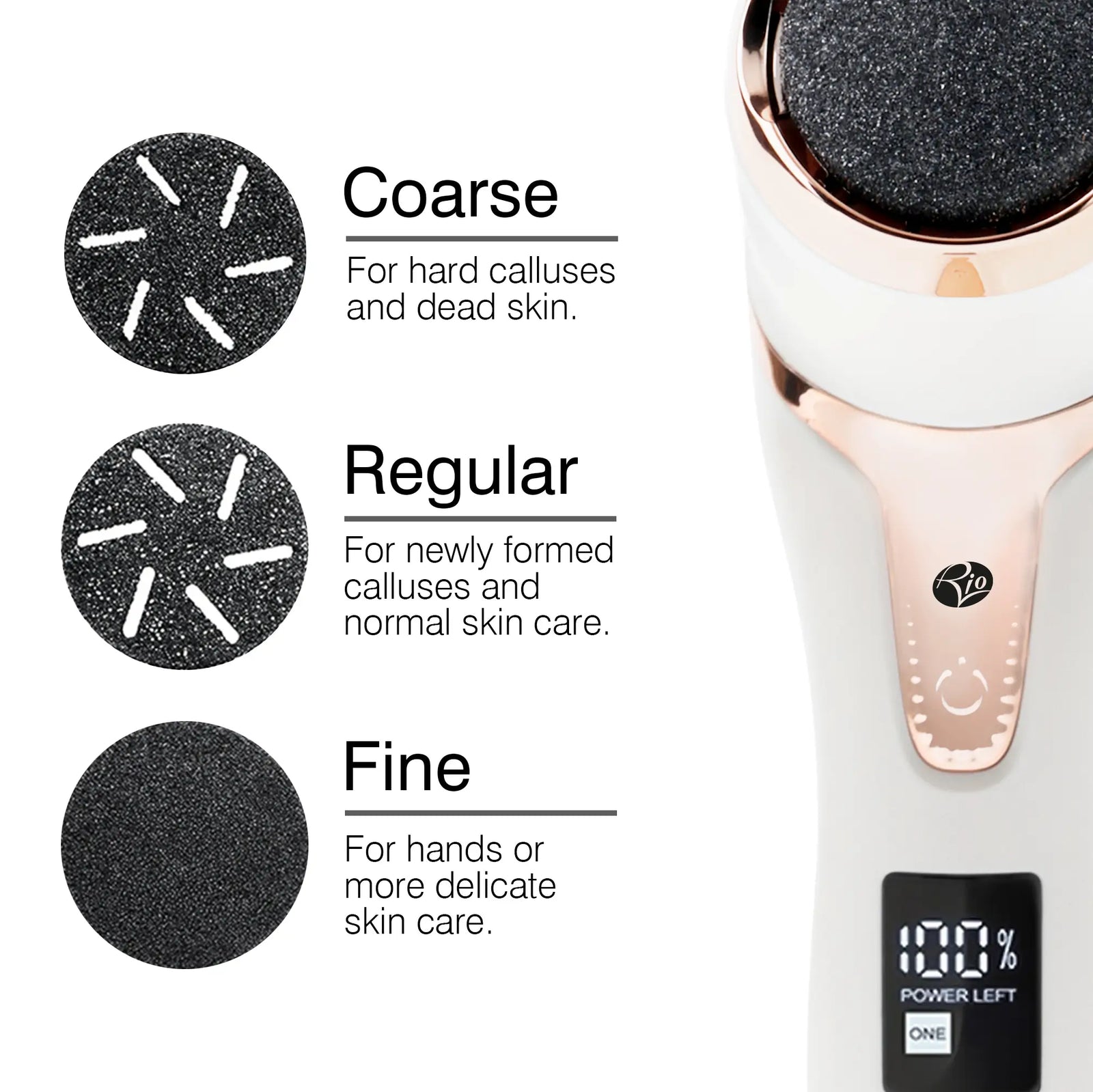 Close-up of the Rio Go Smooth Replacement Heads - Pack of 3, featuring coarse, regular, and fine options for different skin needs. A digital display on the PEDI 5 electric foot file reads “100% POWER LEFT.”.