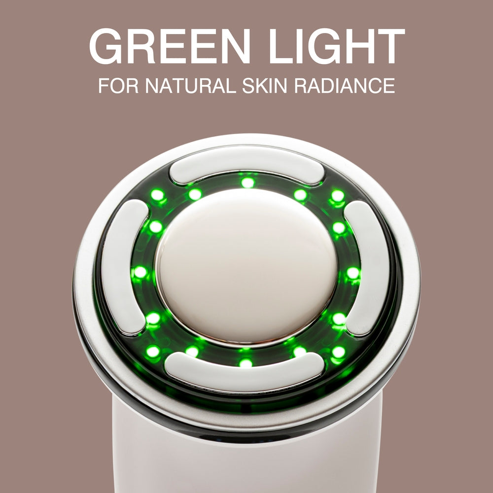 A close-up of the Rio FaceLift & Tone Beauty Spa shows green LED lights around its circular head, set against a taupe background. Text above reads: GREEN LIGHT FOR NATURAL SKIN RADIANCE.