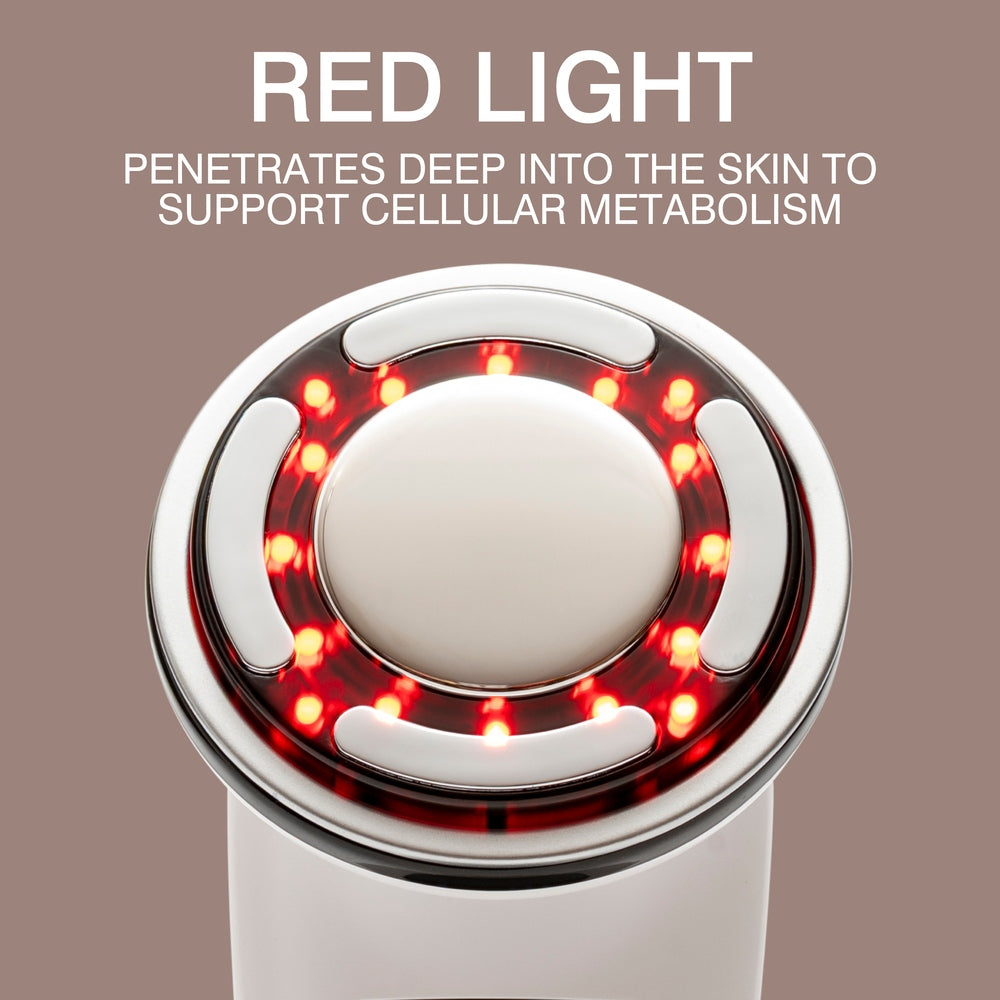 A close-up of the Rio FaceLift & Tone Beauty Spa emits red LED lights in a circular pattern, with the text: "Red Light penetrates deep into the skin to support cellular metabolism." The background is muted brown.