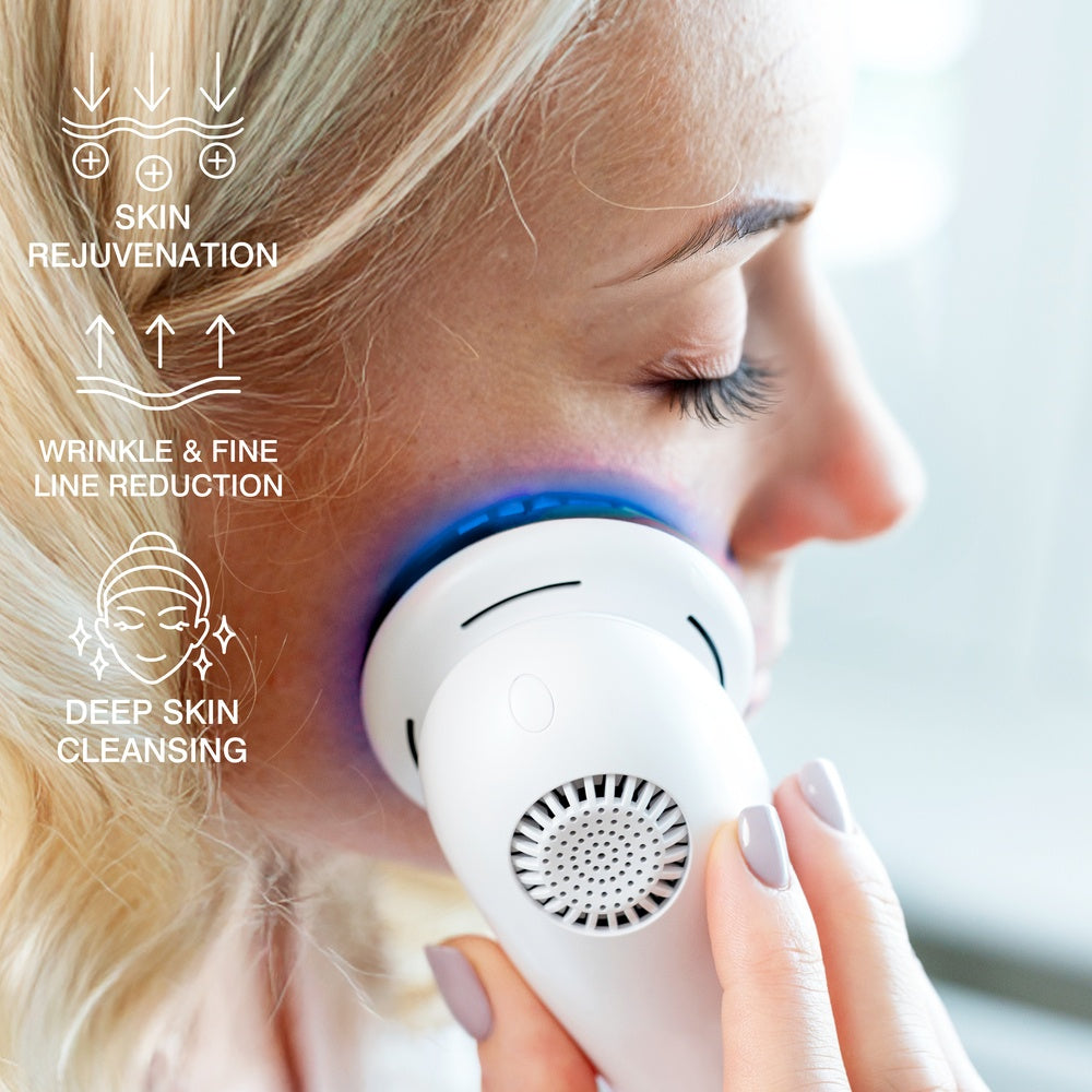 A woman uses the Rio FaceLift & Tone Beauty Spa, a white handheld device with blue light, on her cheek. Text highlights benefits: skin rejuvenation, wrinkle reduction, deep cleansing, and gentle lift effects.