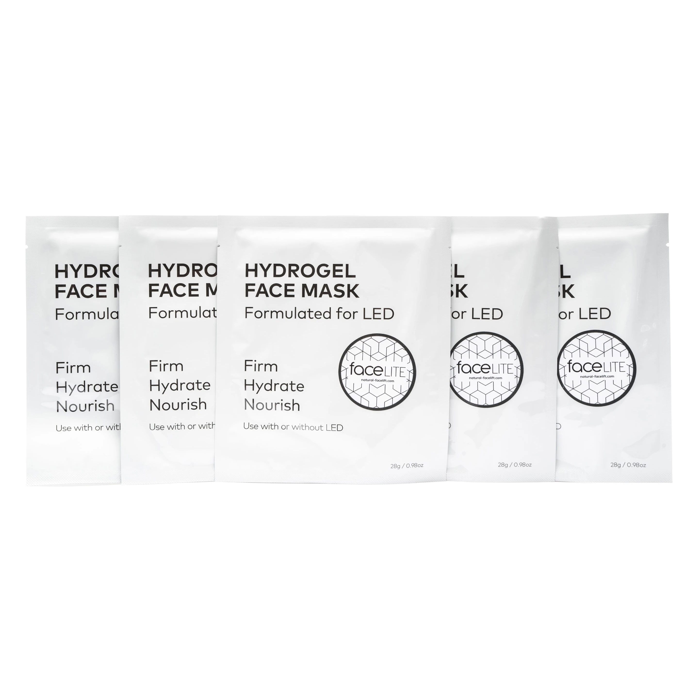 Five white packets of Rio 5 x Hydrogel Facial Masks, displayed side by side. Packaging highlights benefits for firm and hydrated skin; masks can be used with or without LED.