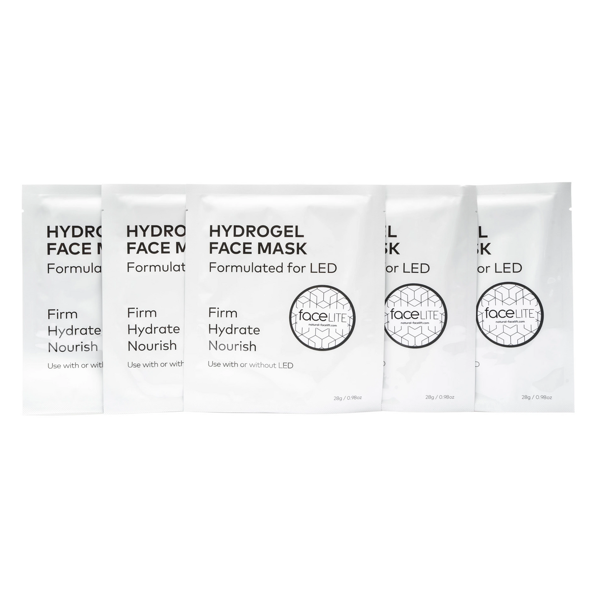 Five white packets of Rio 5 x Hydrogel Facial Masks, displayed side by side. Packaging highlights benefits for firm and hydrated skin; masks can be used with or without LED.