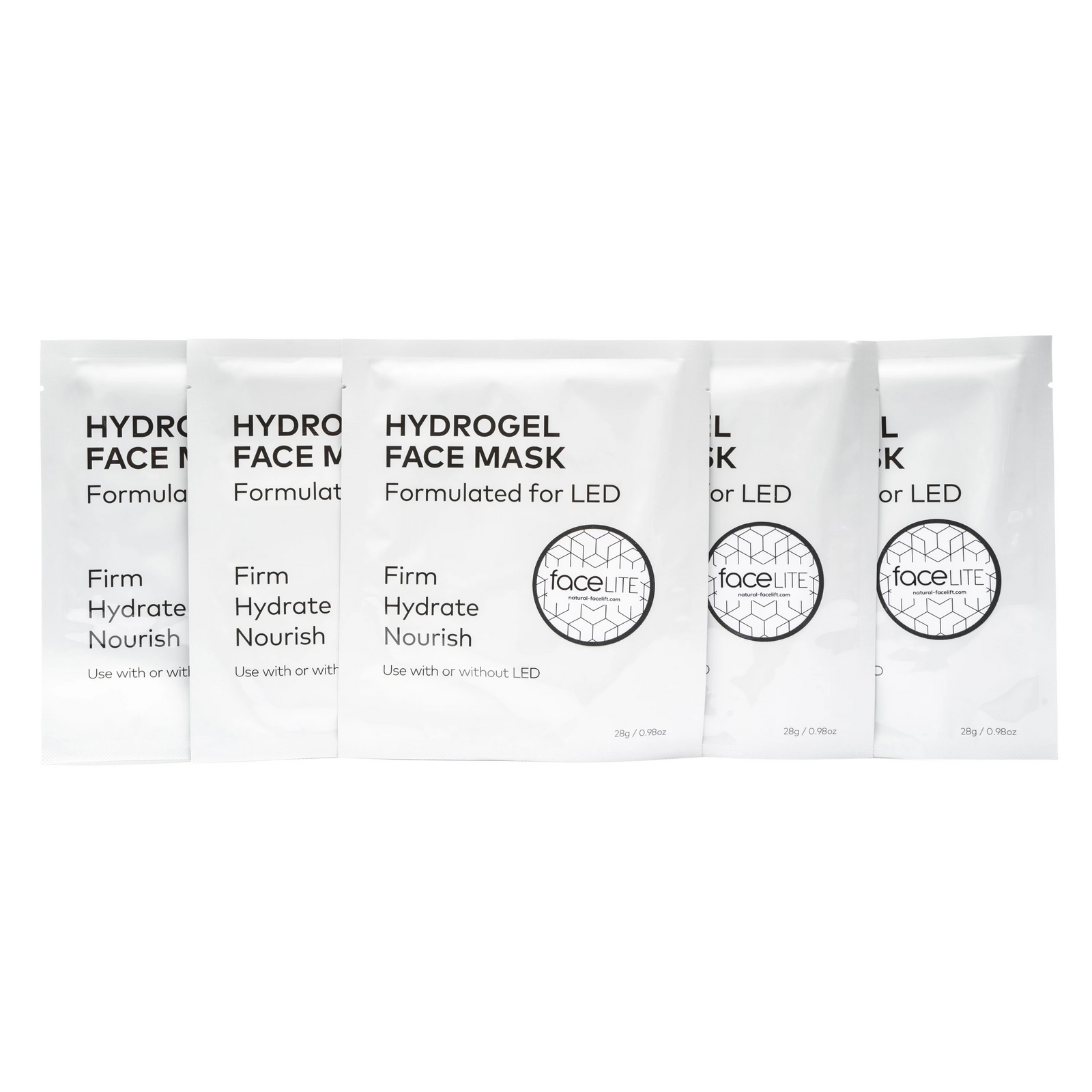 Five white packets of Rio 5 x Hydrogel Facial Masks, displayed side by side. Packaging highlights benefits for firm and hydrated skin; masks can be used with or without LED.