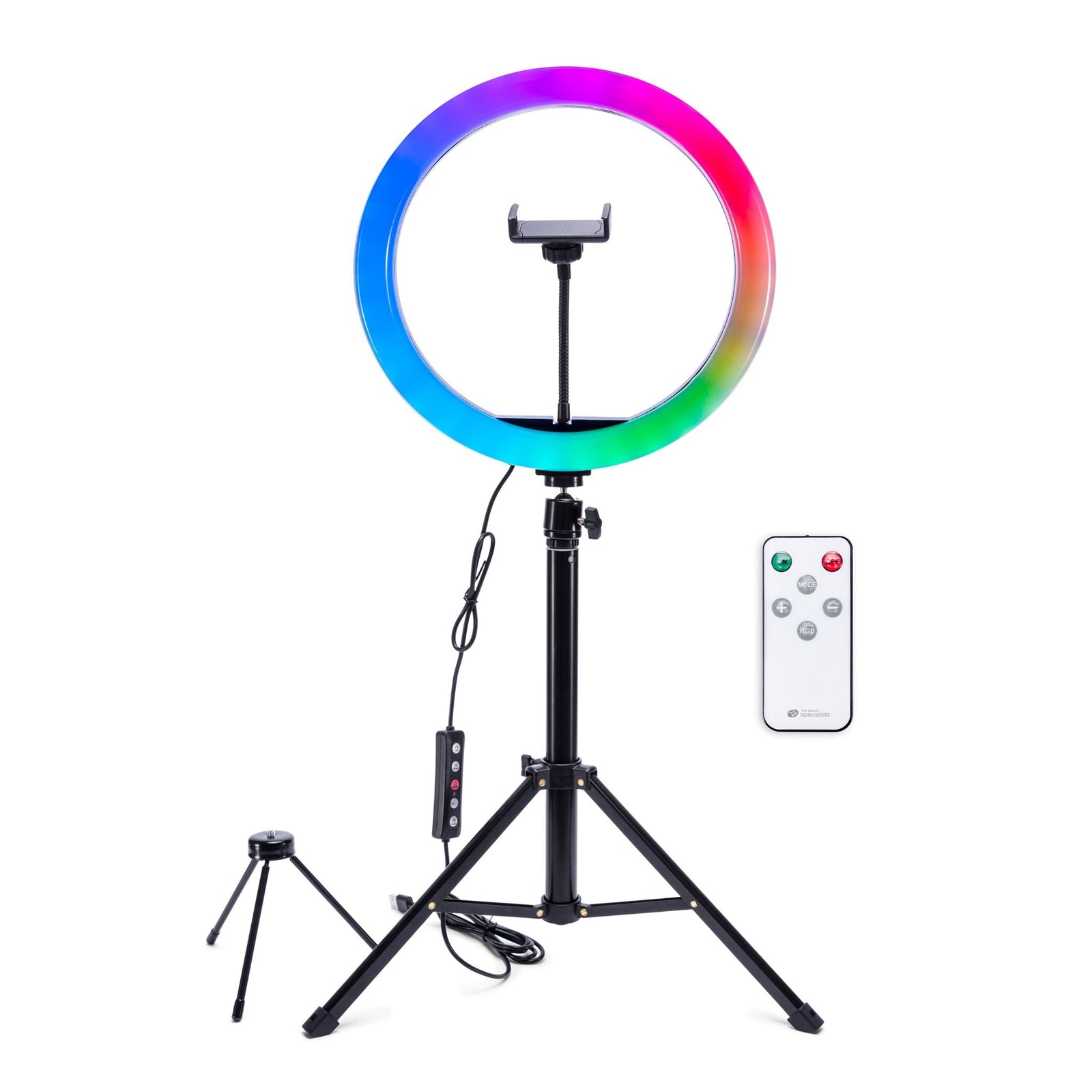 The Rio Studio RGB Beauty Ring Light features a rainbow-colored LED ring on a tripod stand with a center phone holder, tabletop tripod, and remote control—ideal for colorful shots—all set against a white background.
