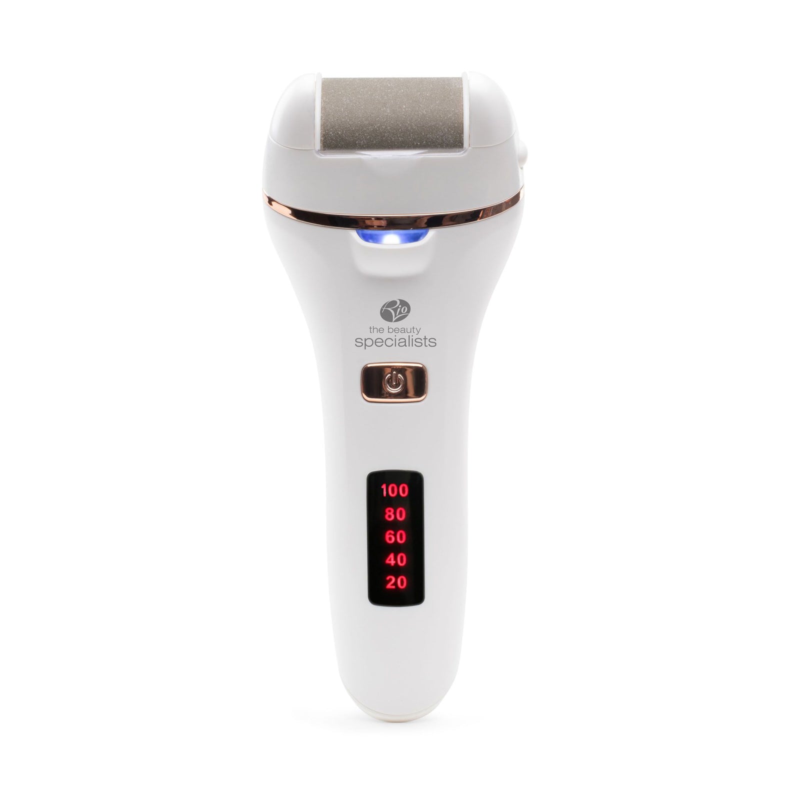 The white Rio Go Smooth 60 Second Pedi features a digital red display, a metallic Replacement Gentle Roller at the top, and a button with the beauty specialists logo below the roller.