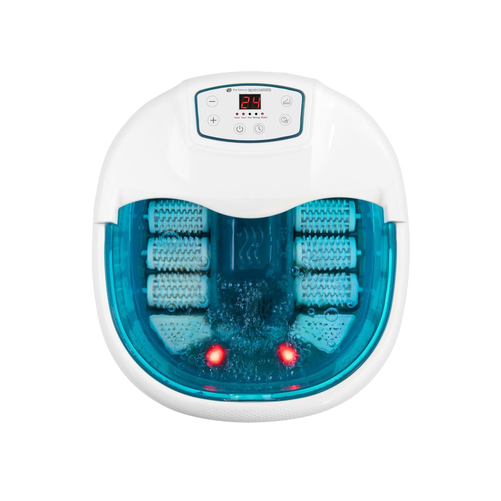 Birdseye view of motorised roller foot spa bath with infrared lights illuminated and bubbling water inside 