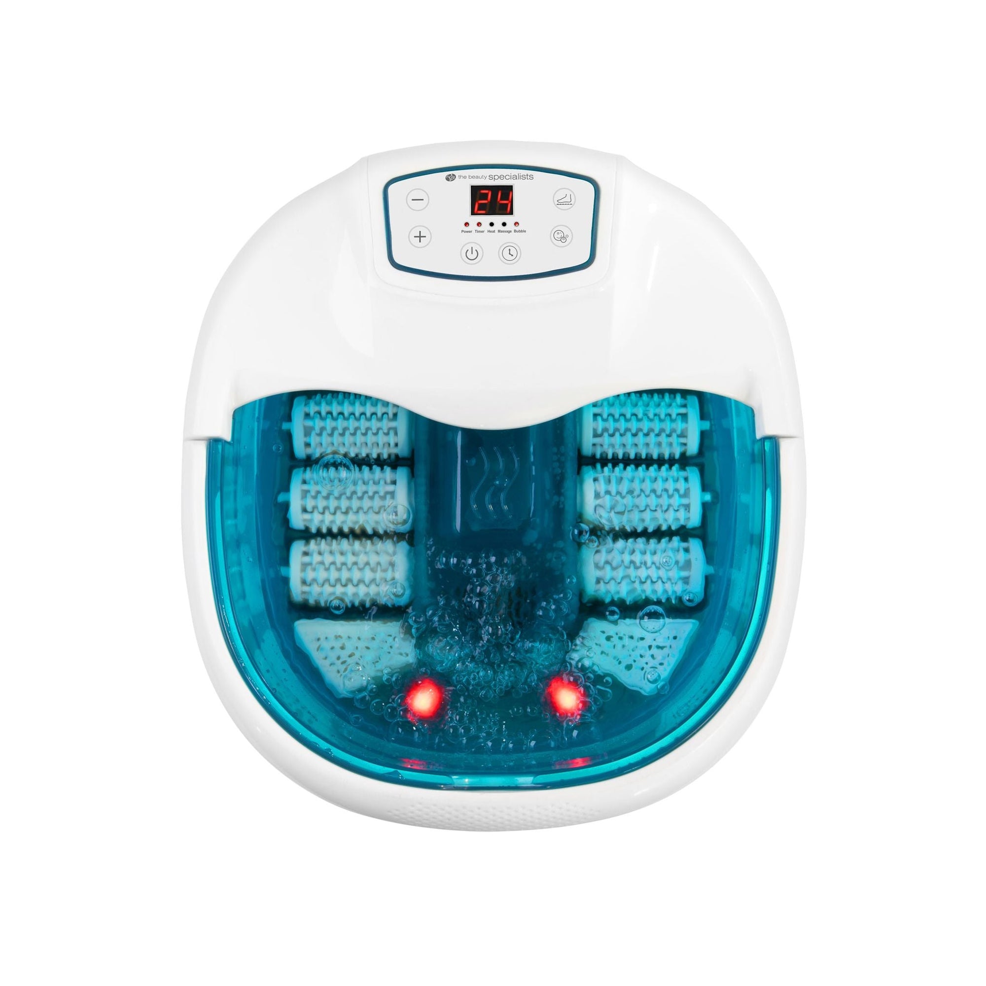 Birdseye view of motorised roller foot spa bath with infrared lights illuminated and bubbling water inside 