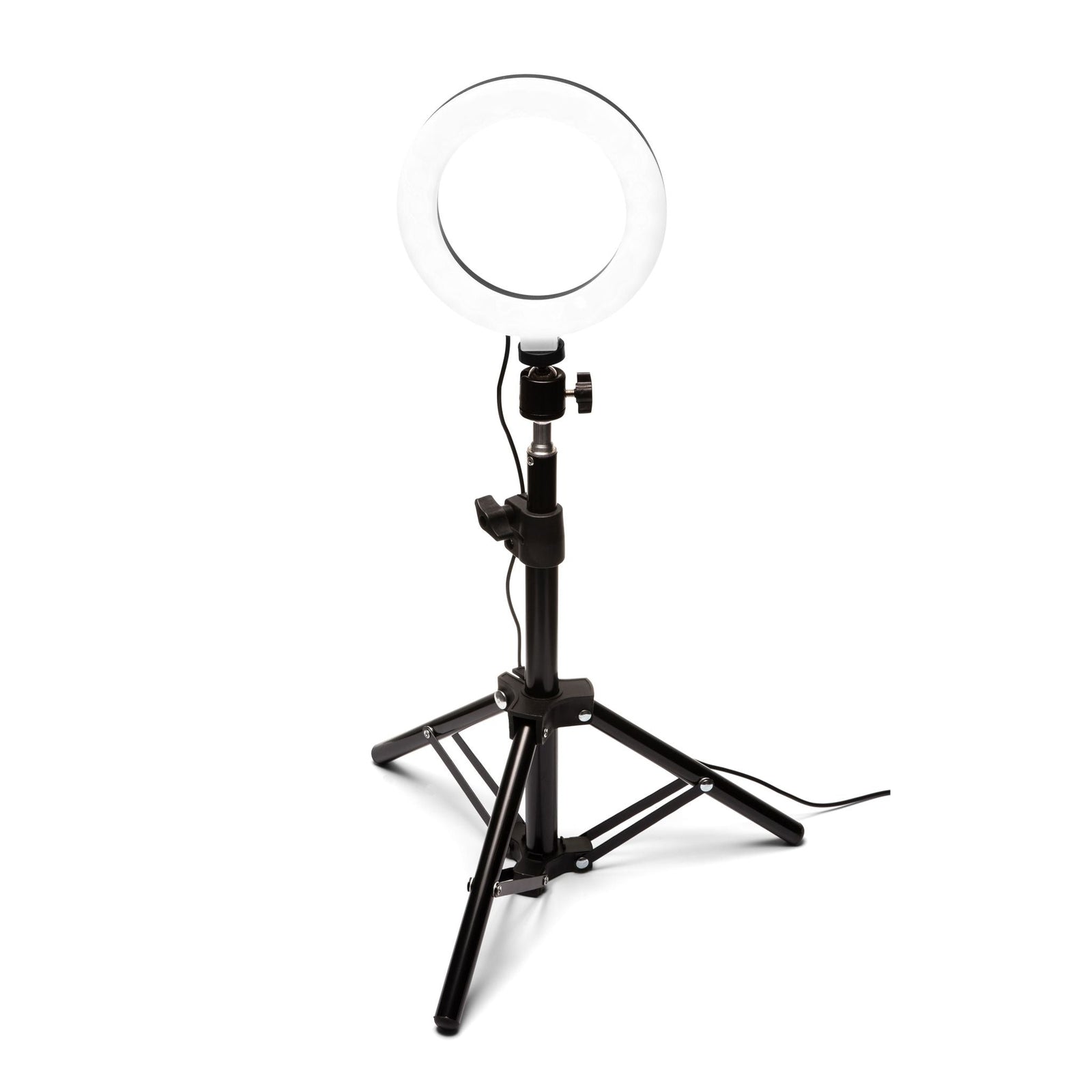 The Rio Makeup Perfector LED Ring Light, mounted on a black adjustable tripod stand and plugged in, provides perfect makeup lighting in any condition, shown illuminated against a white background.